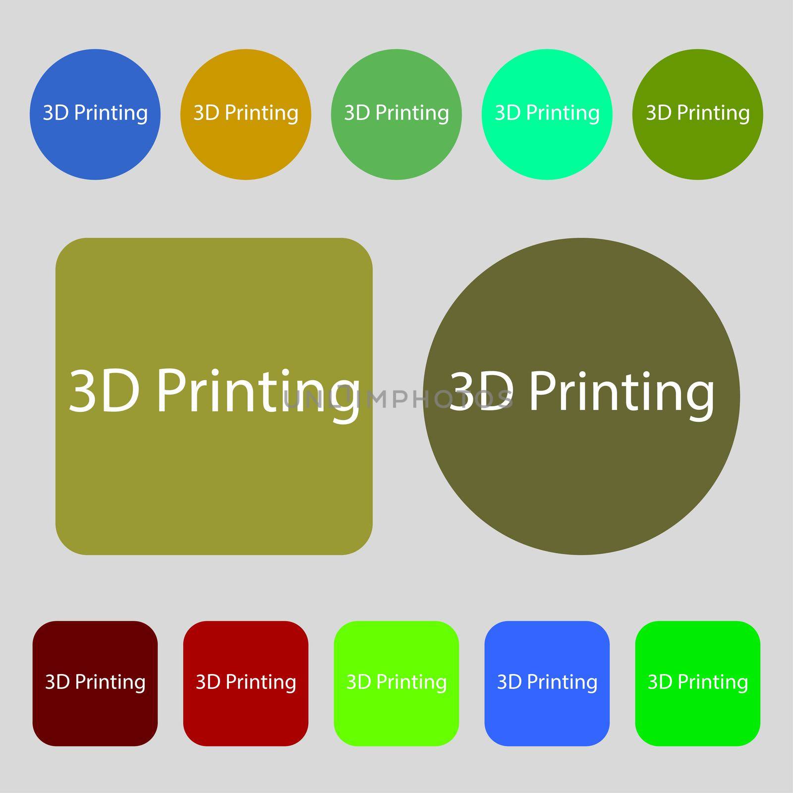 3D Print sign icon. 3d-Printing symbol.12 colored buttons. Flat design. illustration