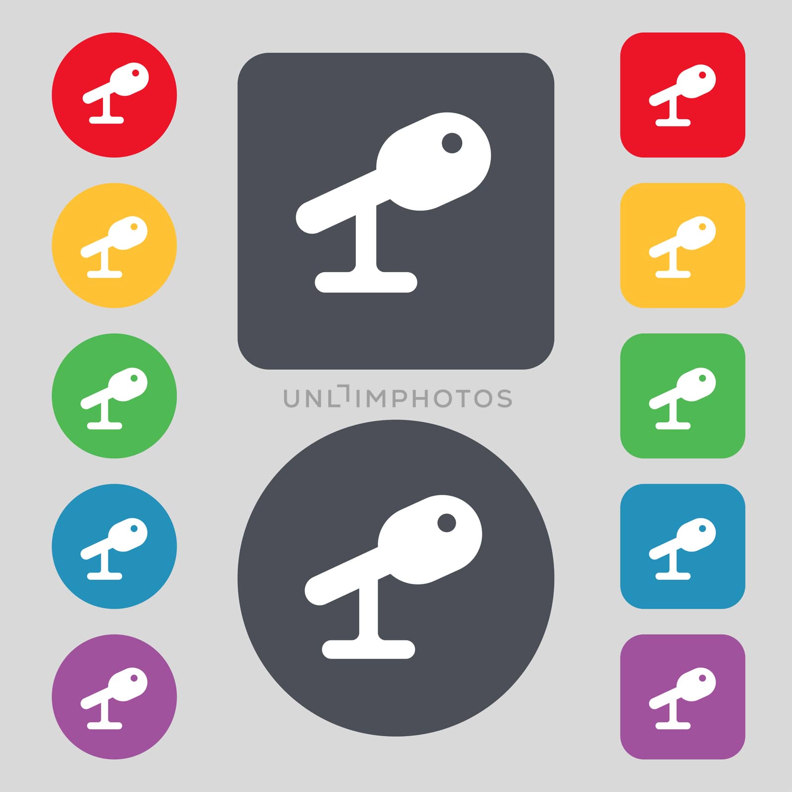 Microphone, Speaker icon sign. A set of 12 colored buttons. Flat design.  by serhii_lohvyniuk