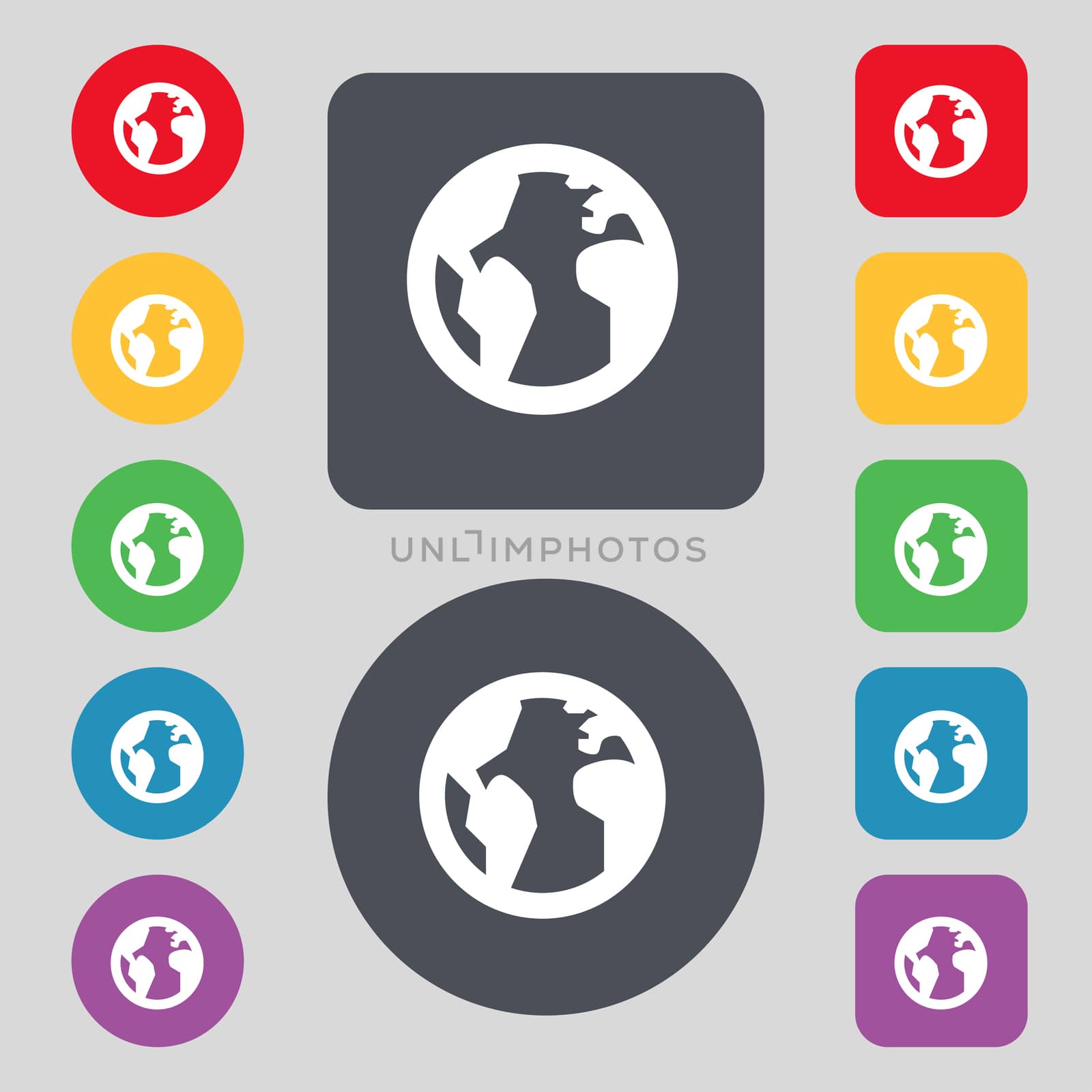 Globe, World map geography icon sign. A set of 12 colored buttons. Flat design. illustration