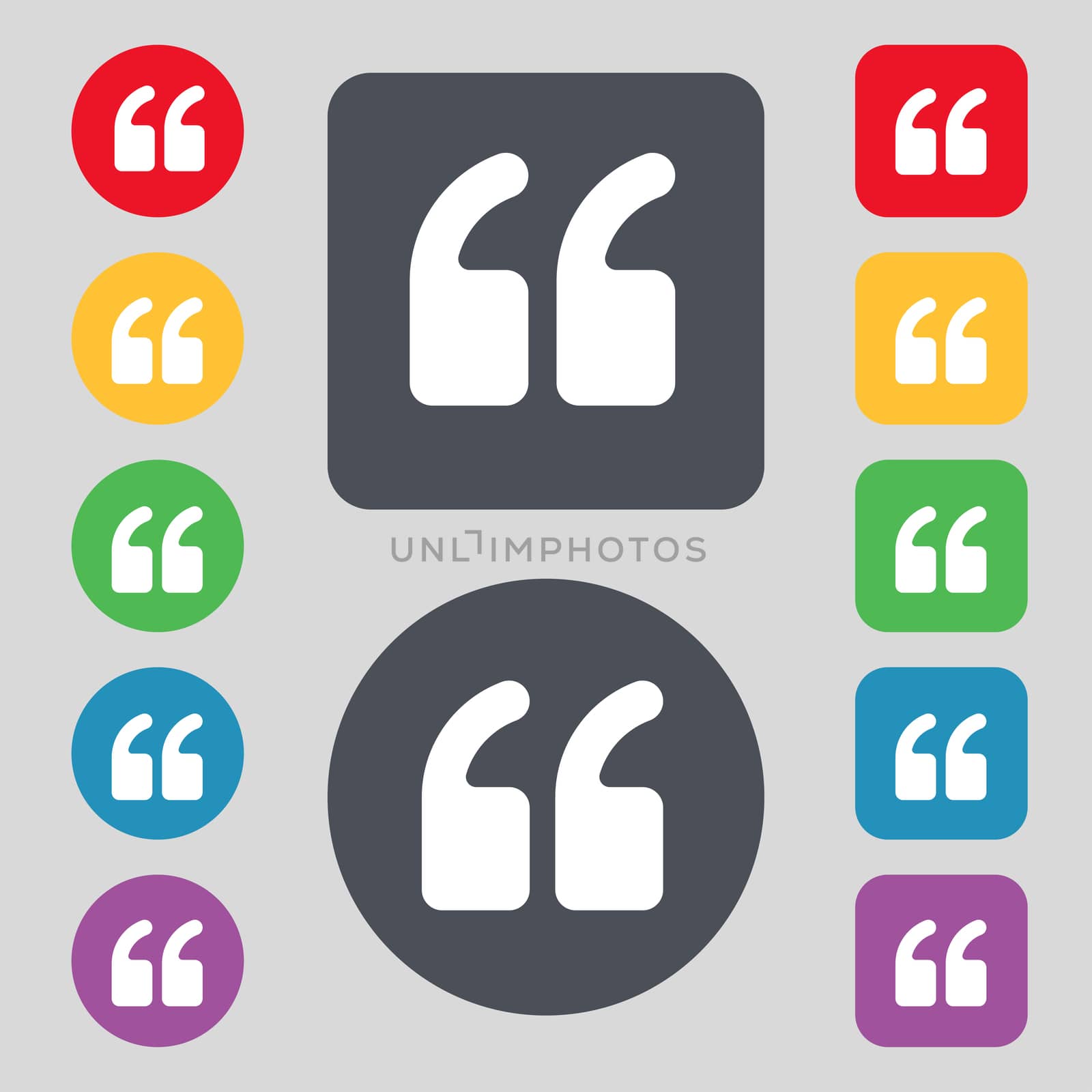 Double quotes at the beginning of words icon sign. A set of 12 colored buttons. Flat design.  by serhii_lohvyniuk