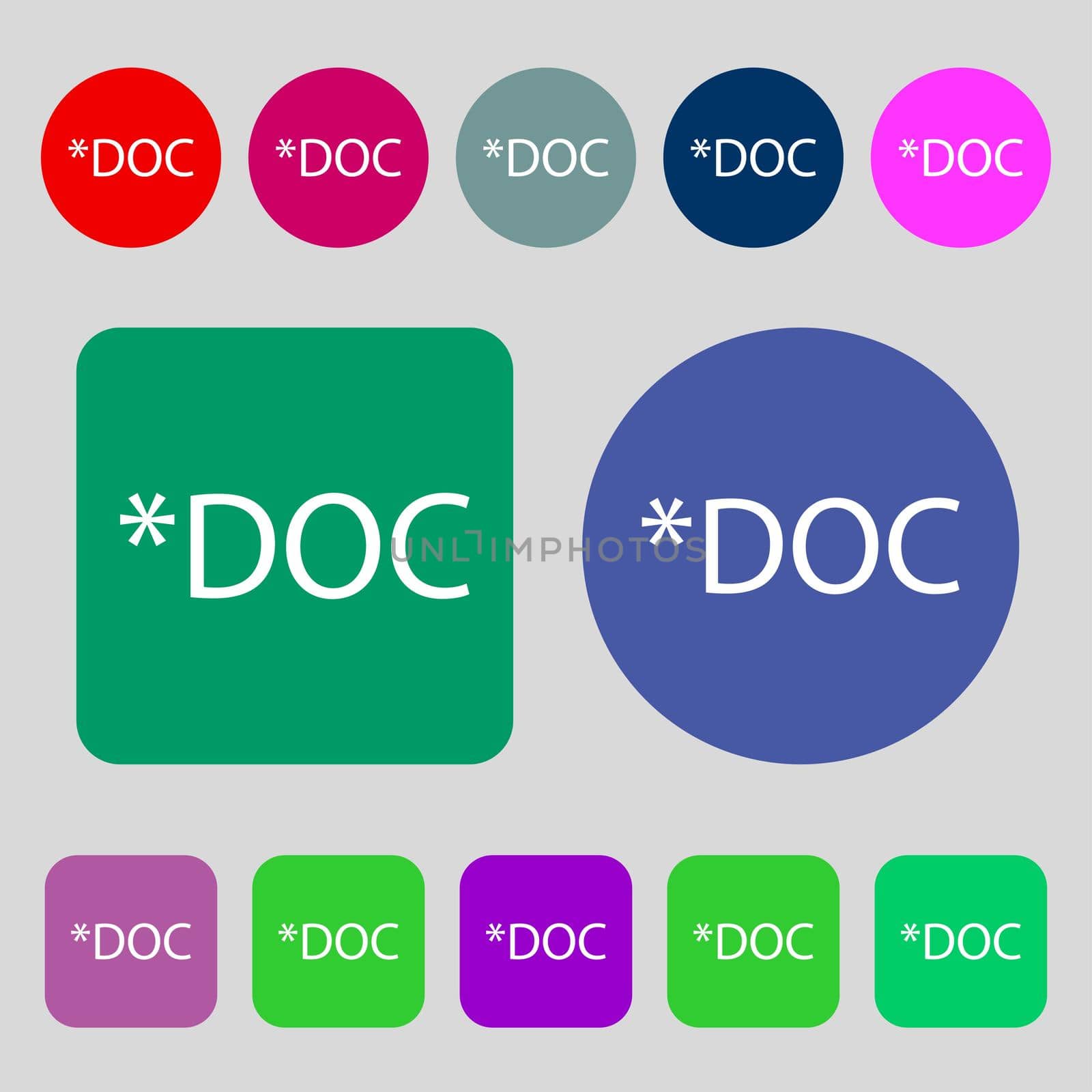 File document icon. Download doc button. Doc file extension symbol.12 colored buttons. Flat design. illustration
