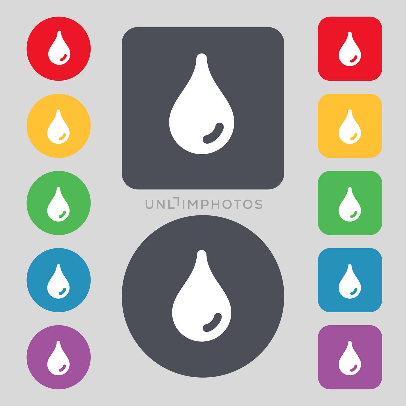 Water drop icon sign. A set of 12 colored buttons. Flat design. illustration