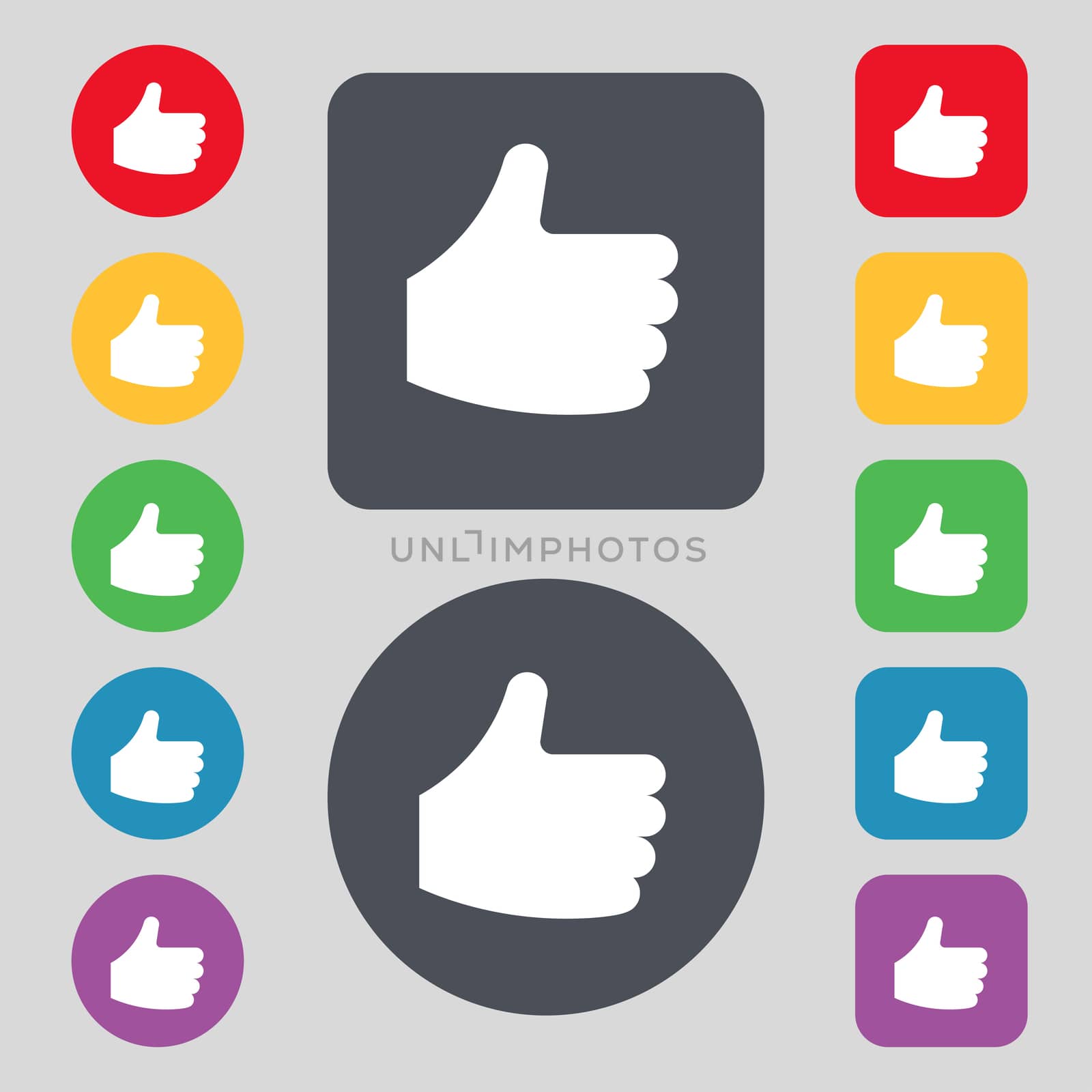 Like, Thumb up icon sign. A set of 12 colored buttons. Flat design. illustration