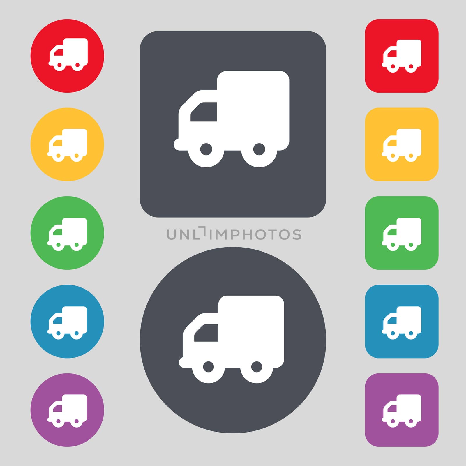 Delivery truck icon sign. A set of 12 colored buttons. Flat design.  by serhii_lohvyniuk