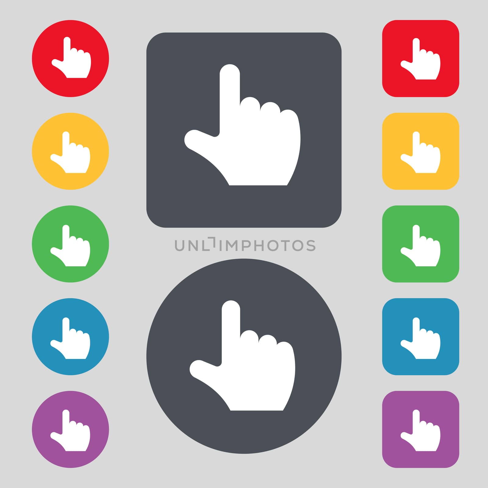 pointing hand icon sign. A set of 12 colored buttons. Flat design.  by serhii_lohvyniuk