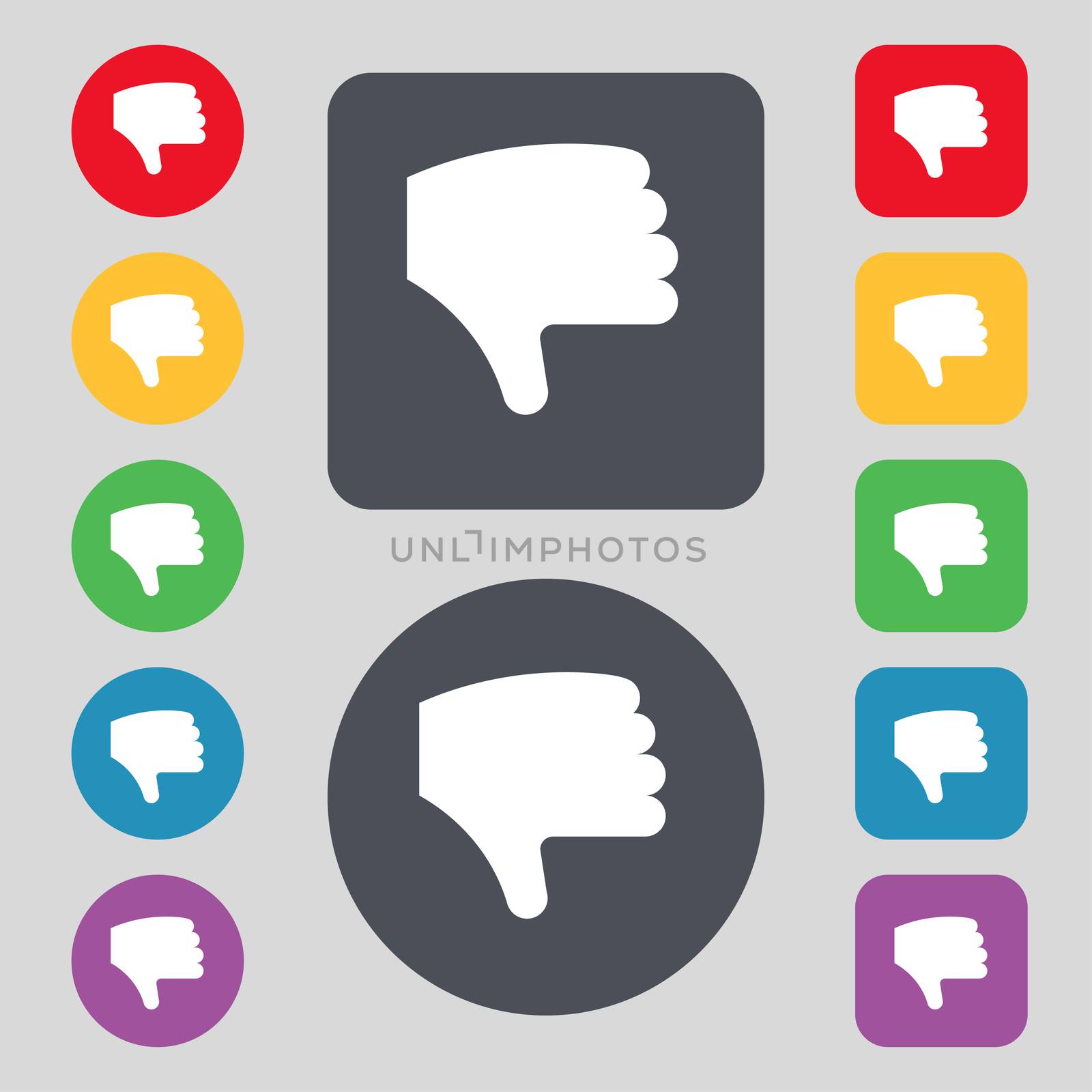 Dislike, Thumb down, Hand finger down icon sign. A set of 12 colored buttons. Flat design. illustration
