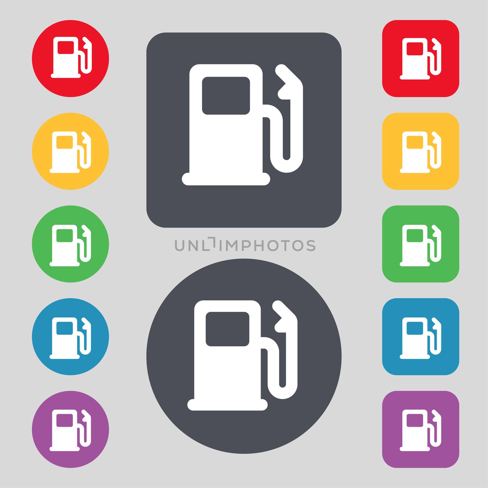 Petrol or Gas station, Car fuel icon sign. A set of 12 colored buttons. Flat design. illustration