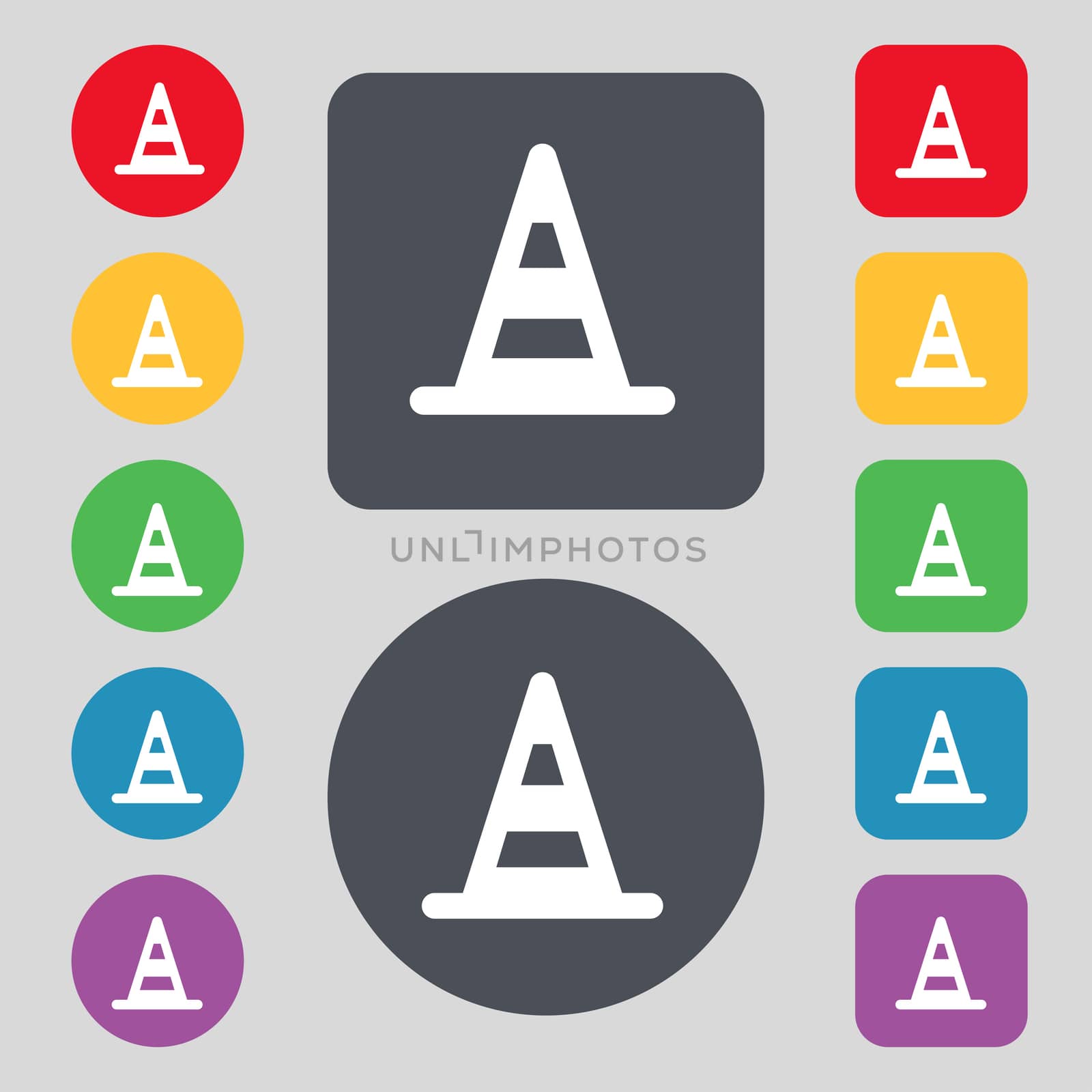 road cone icon sign. A set of 12 colored buttons. Flat design. illustration