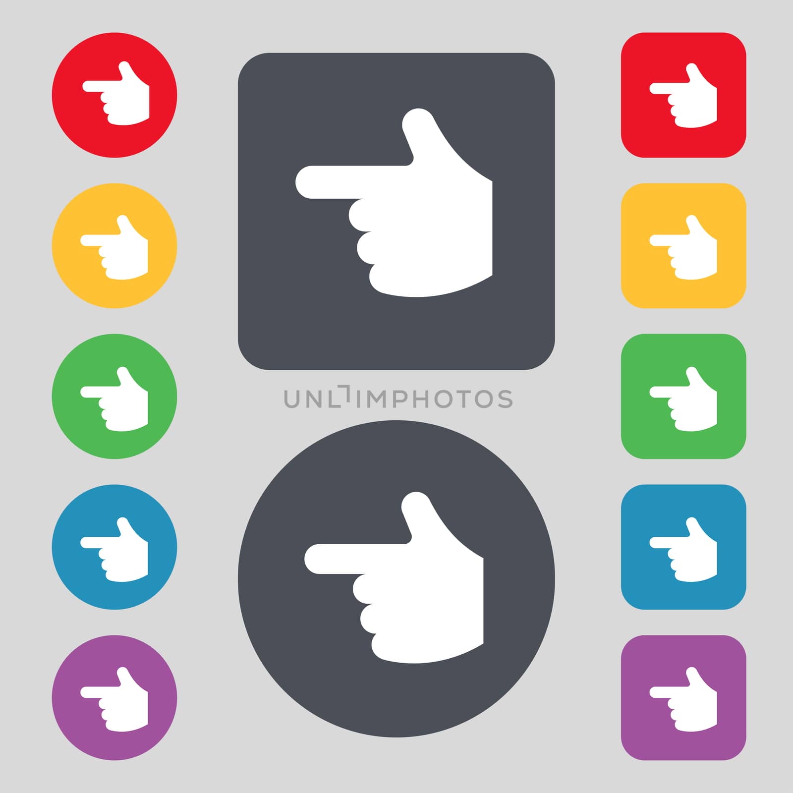 pointing hand icon sign. A set of 12 colored buttons. Flat design. illustration