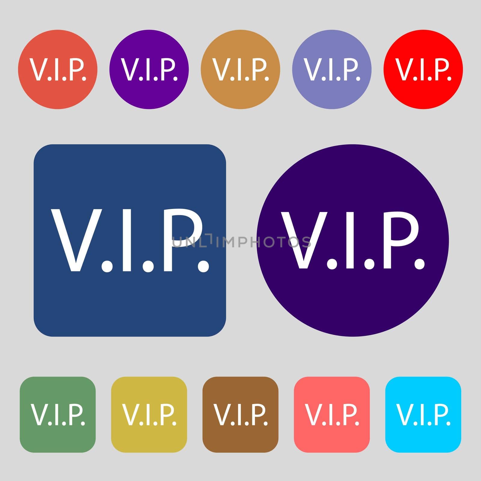 Vip sign icon. Membership symbol. Very important person.12 colored buttons. Flat design. illustration