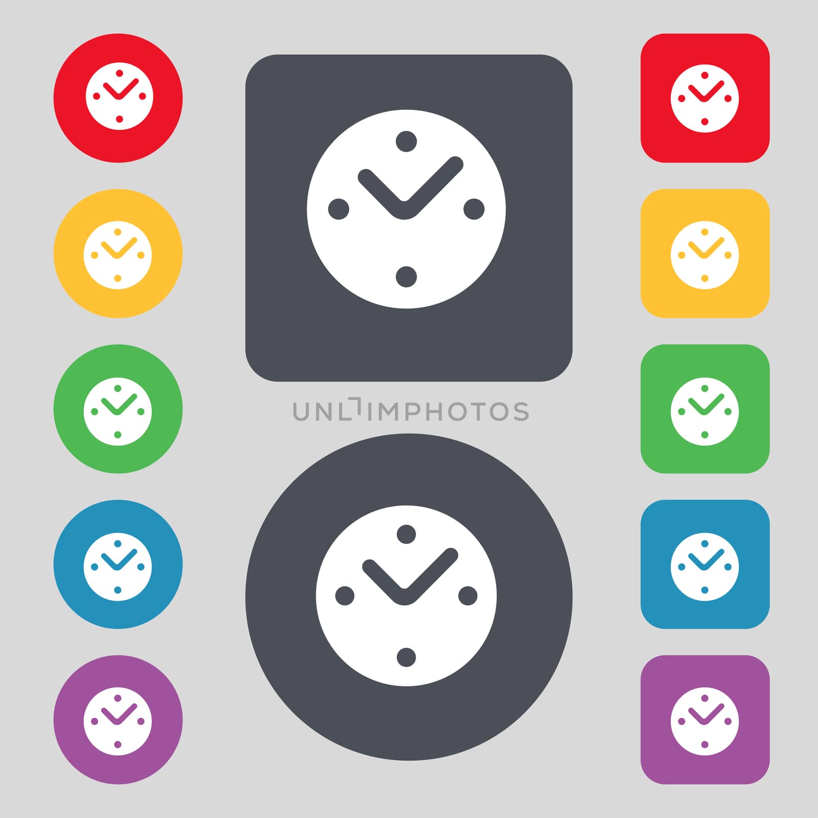 Mechanical Clock icon sign. A set of 12 colored buttons. Flat design.  by serhii_lohvyniuk