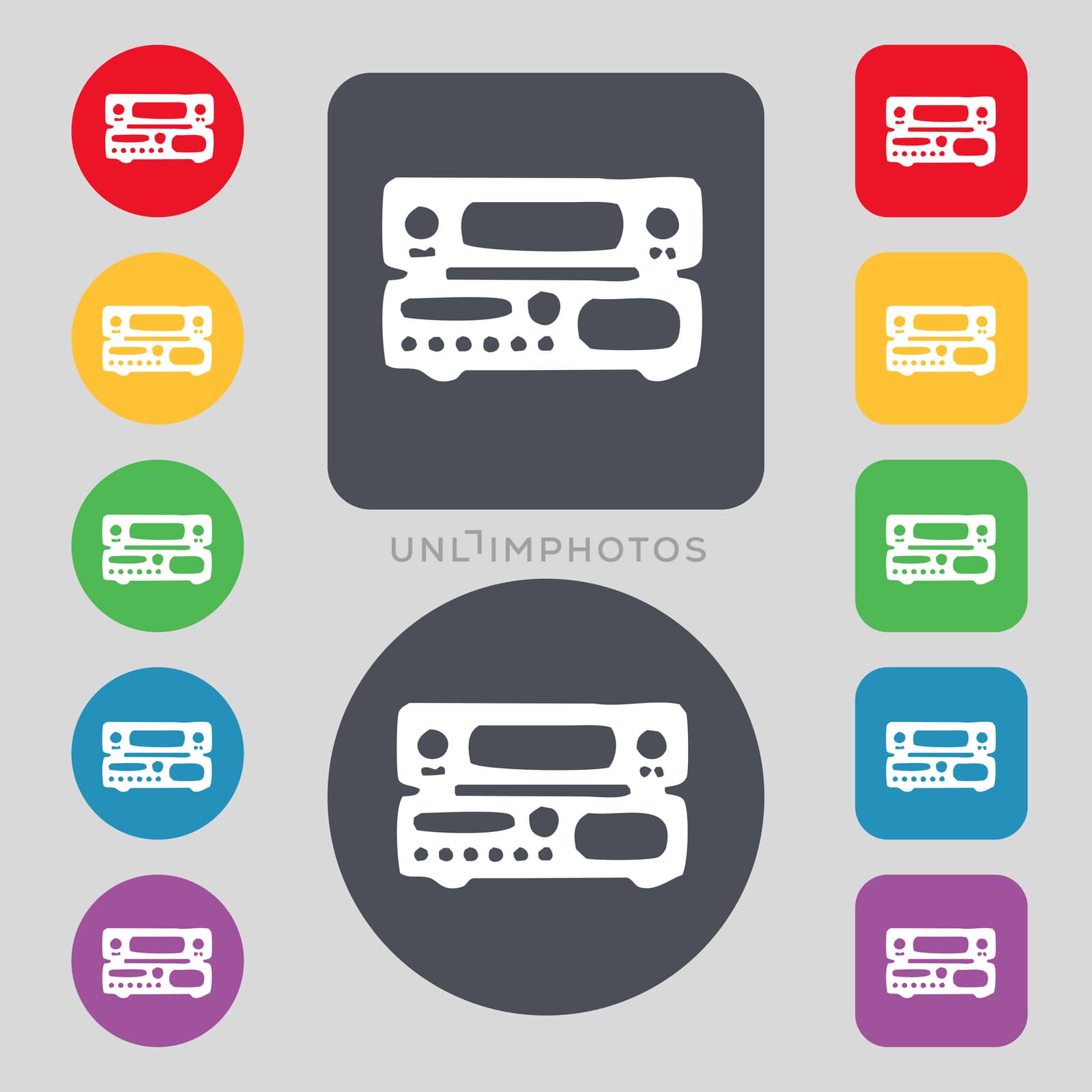 radio, receiver, amplifier icon sign. A set of 12 colored buttons. Flat design.  by serhii_lohvyniuk