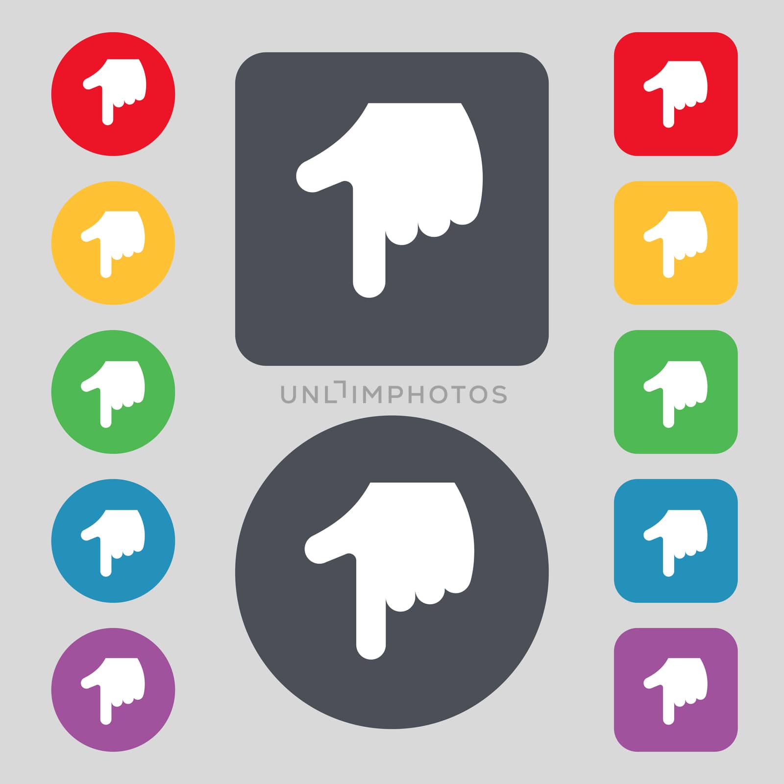 pointing hand icon sign. A set of 12 colored buttons. Flat design.  by serhii_lohvyniuk