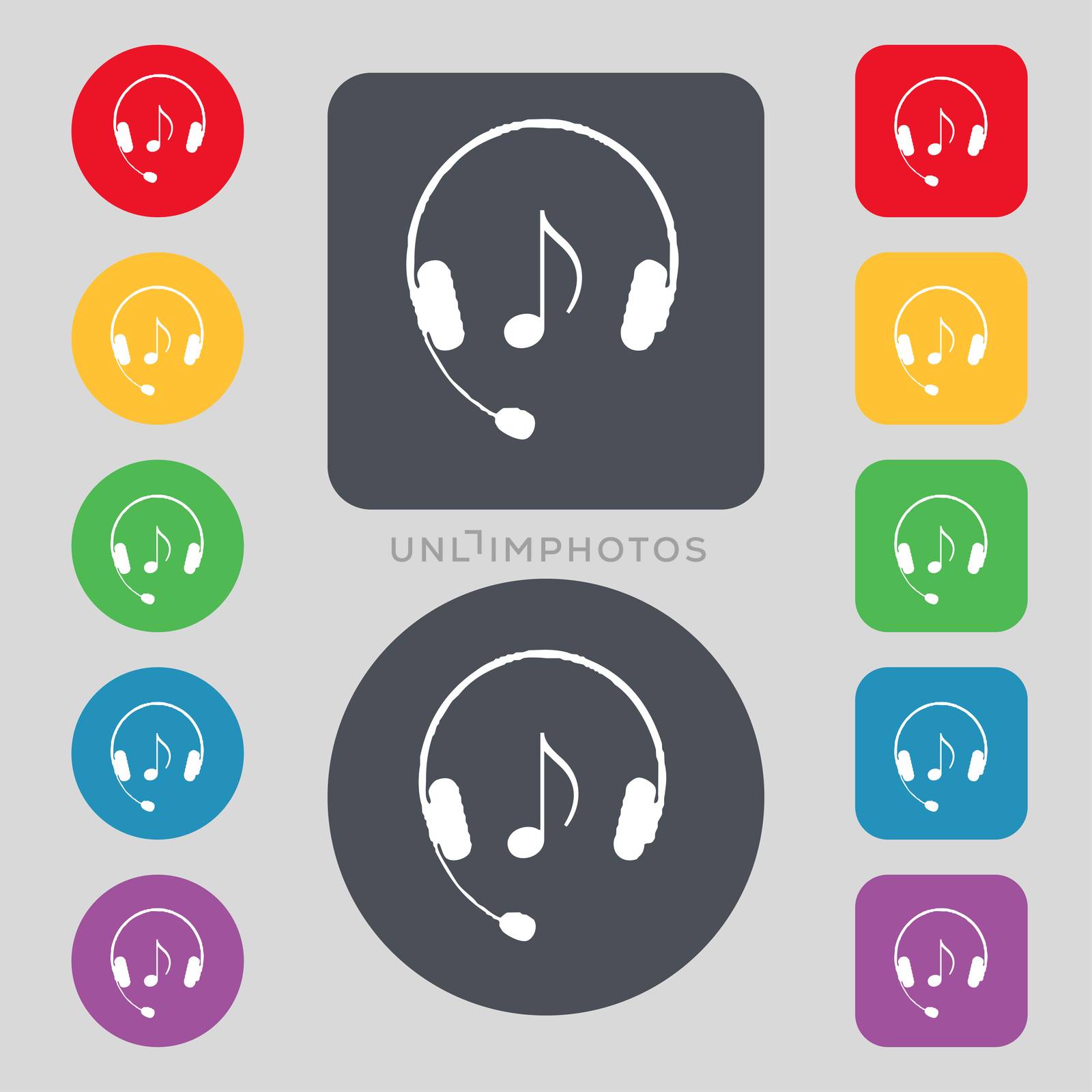 headsets icon sign. A set of 12 colored buttons. Flat design. illustration