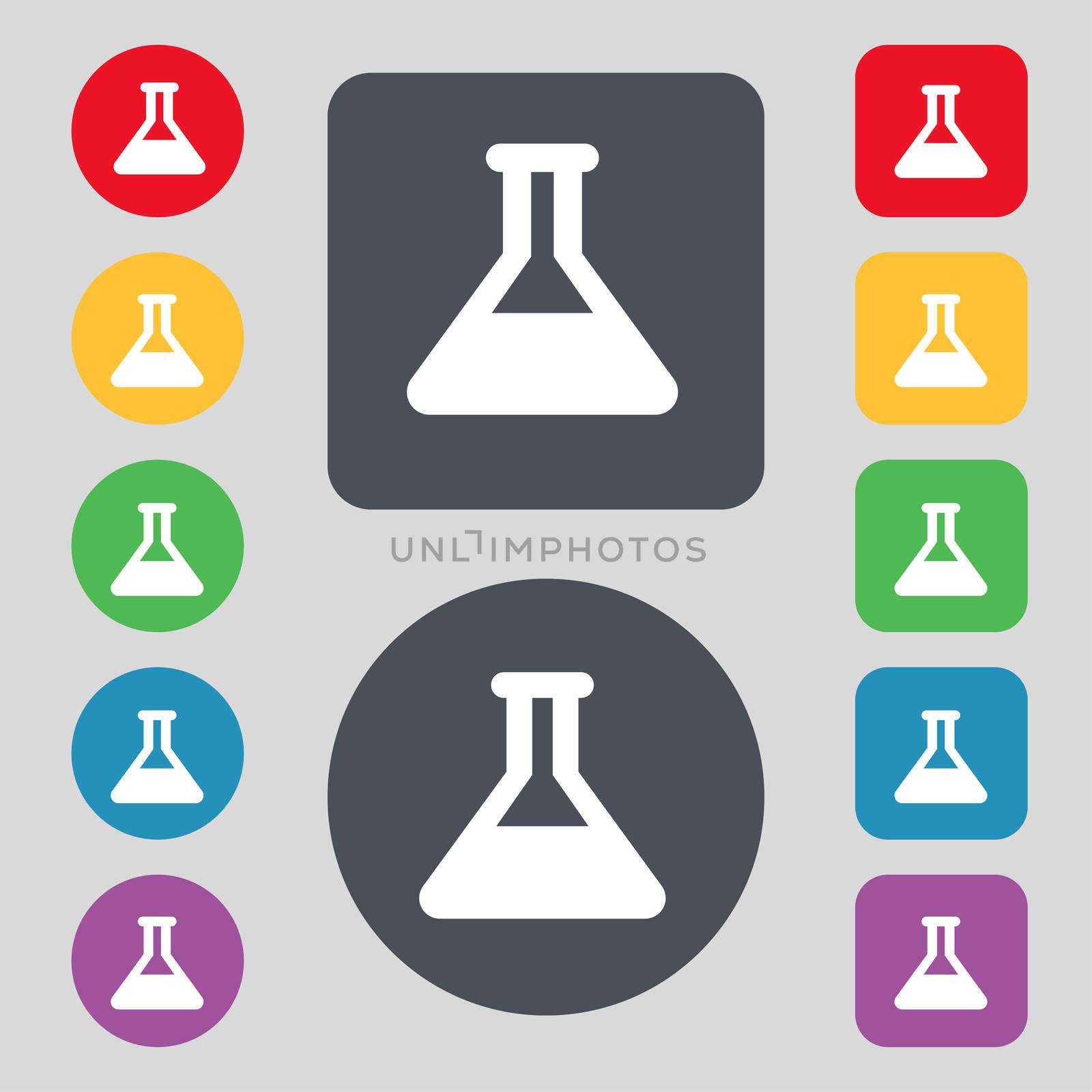 Conical Flask icon sign. A set of 12 colored buttons. Flat design.  by serhii_lohvyniuk
