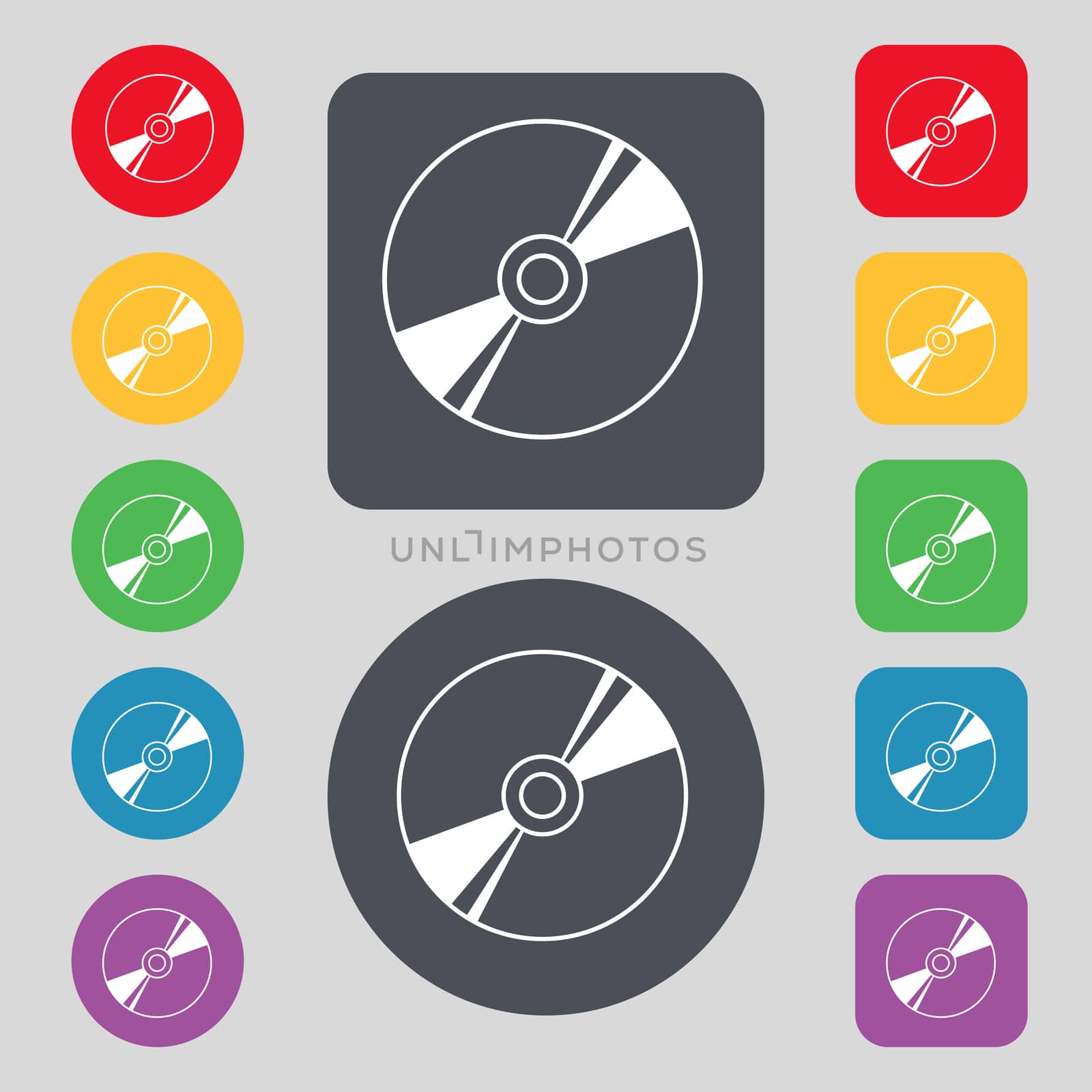 Cd, DVD, compact disk, blue ray icon sign. A set of 12 colored buttons. Flat design. illustration