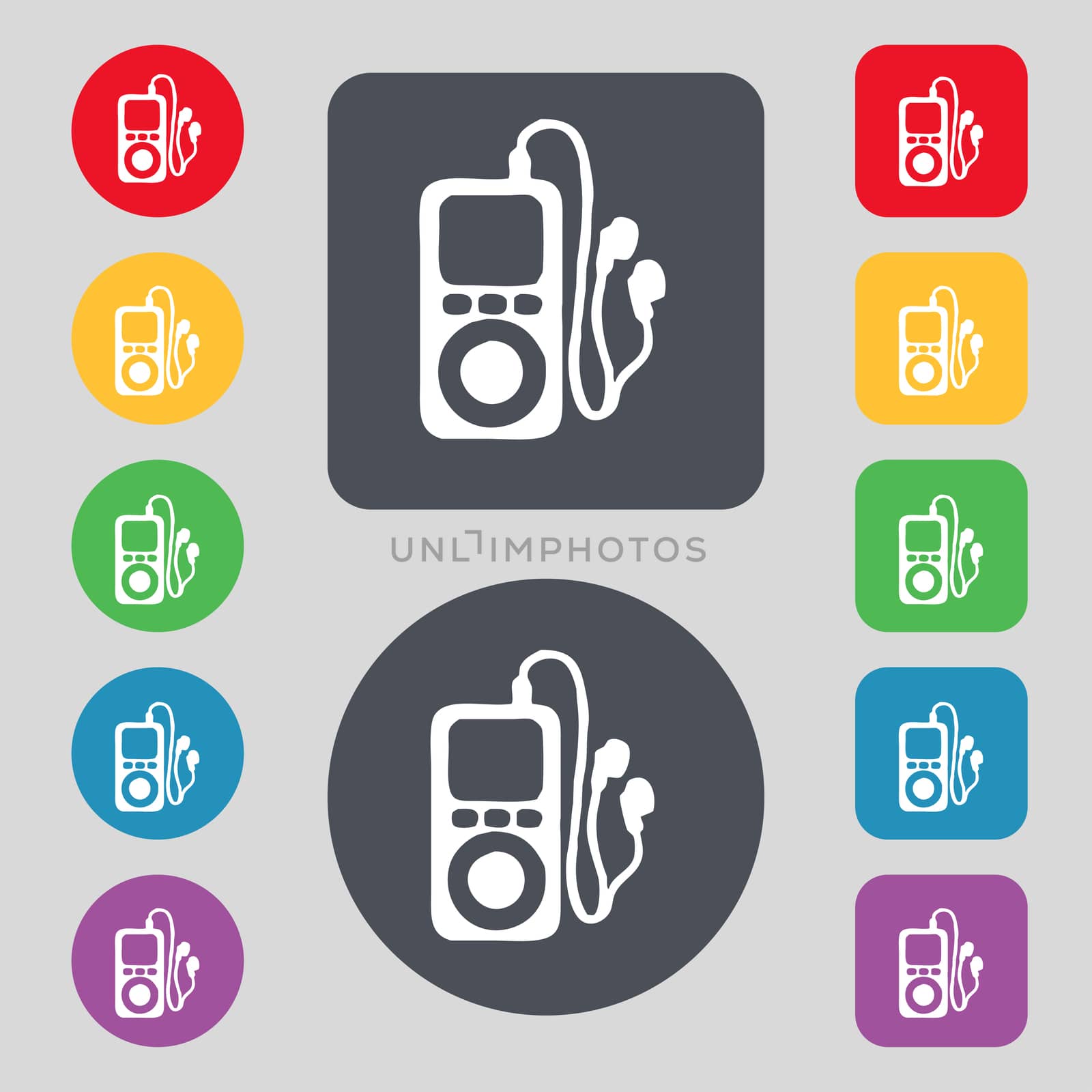 MP3 player, headphones, music icon sign. A set of 12 colored buttons. Flat design. illustration