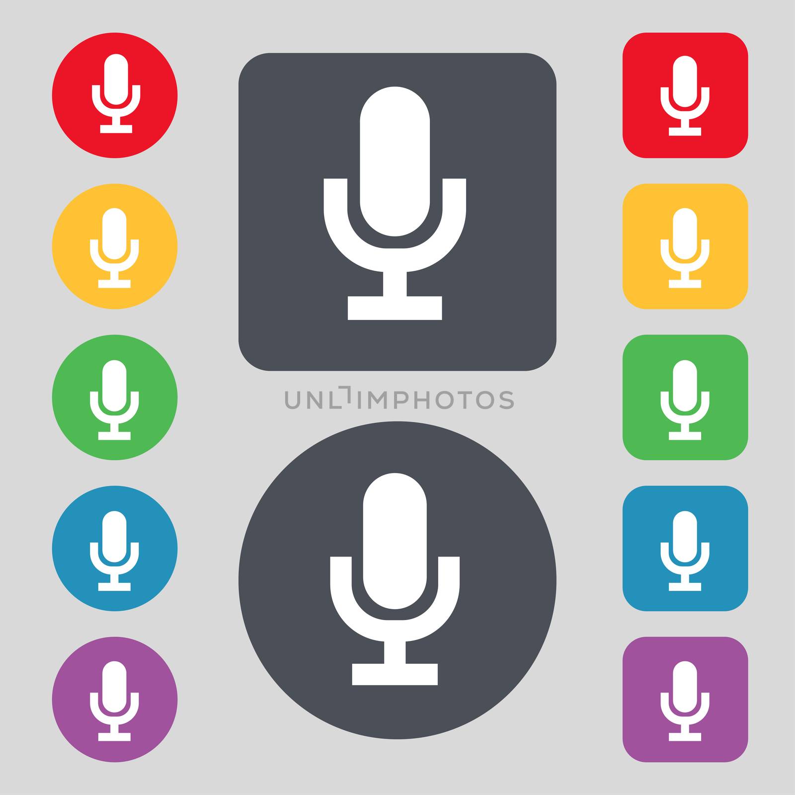 microphone icon sign. A set of 12 colored buttons. Flat design.  by serhii_lohvyniuk