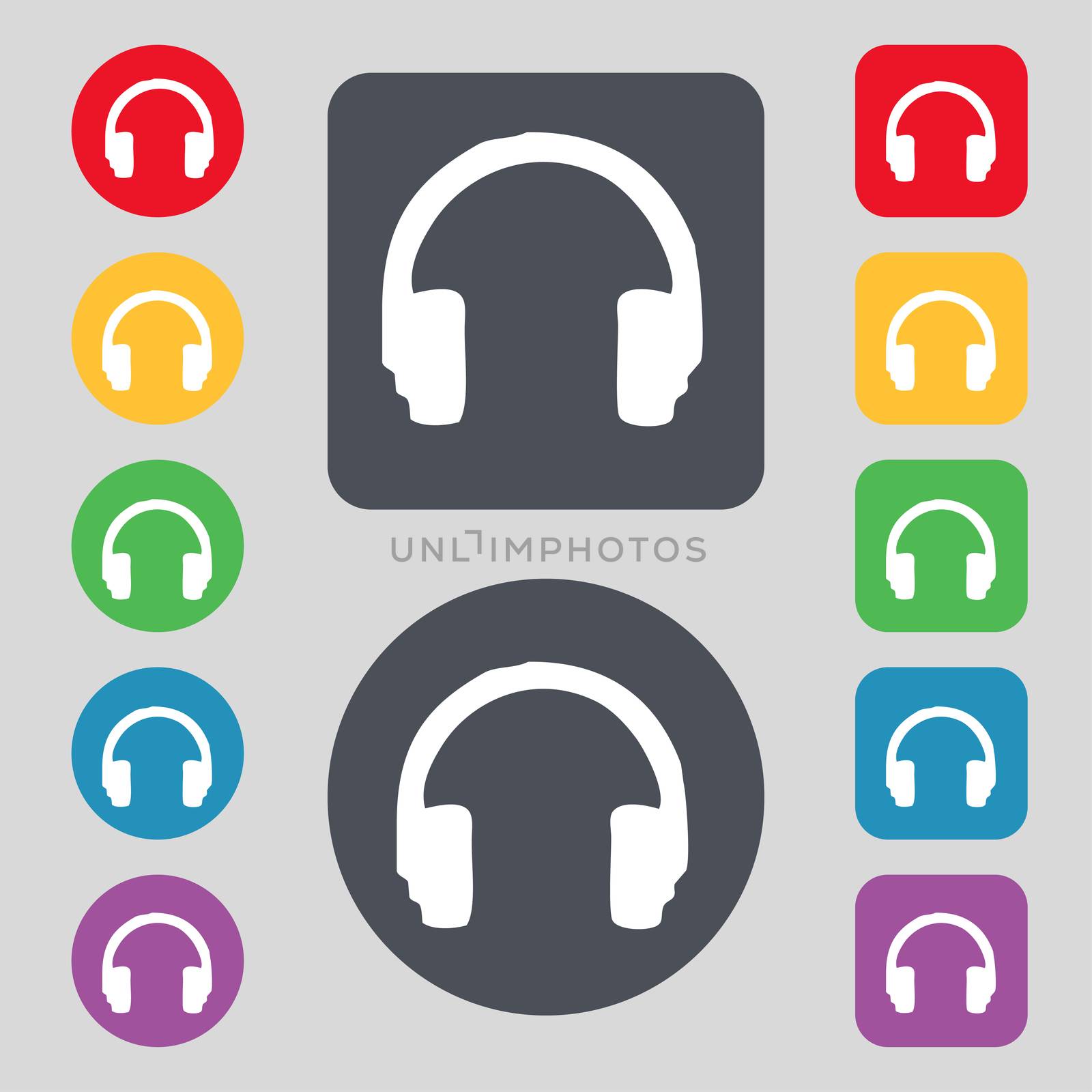 headsets icon sign. A set of 12 colored buttons. Flat design. illustration