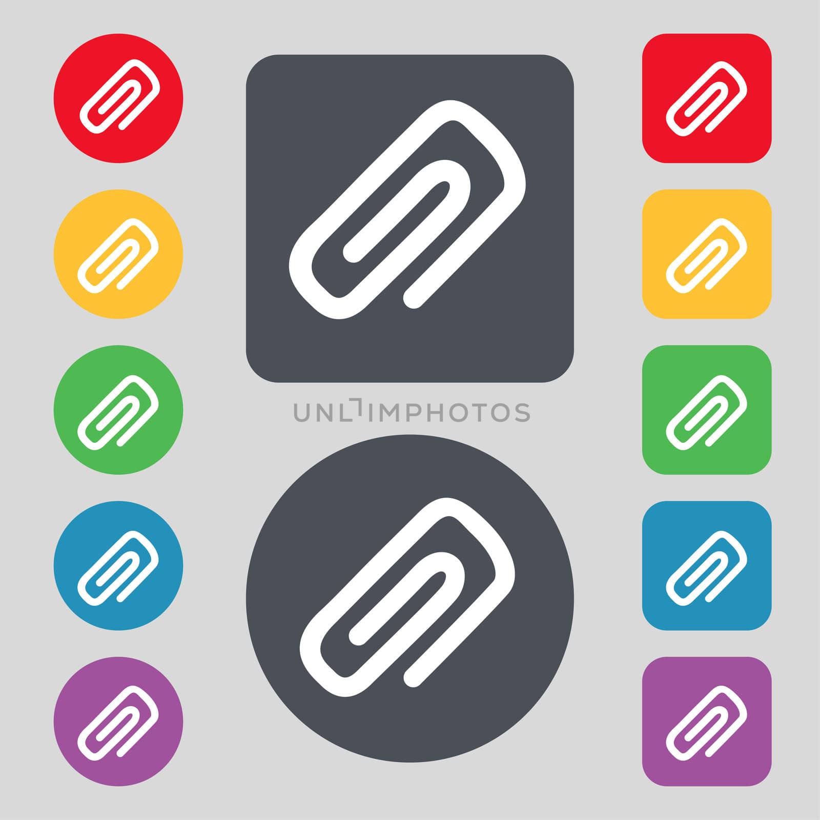 clip to paper icon sign. A set of 12 colored buttons. Flat design. illustration