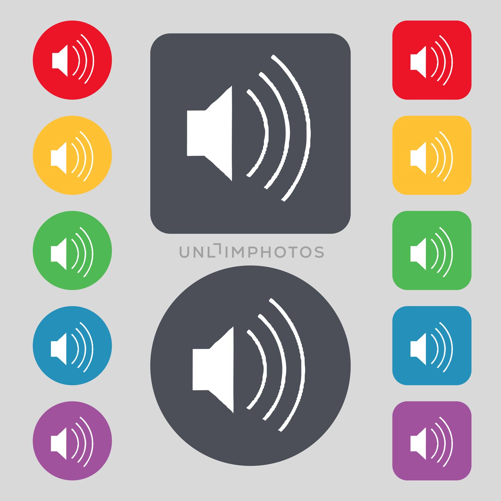volume, sound icon sign. A set of 12 colored buttons. Flat design.  by serhii_lohvyniuk
