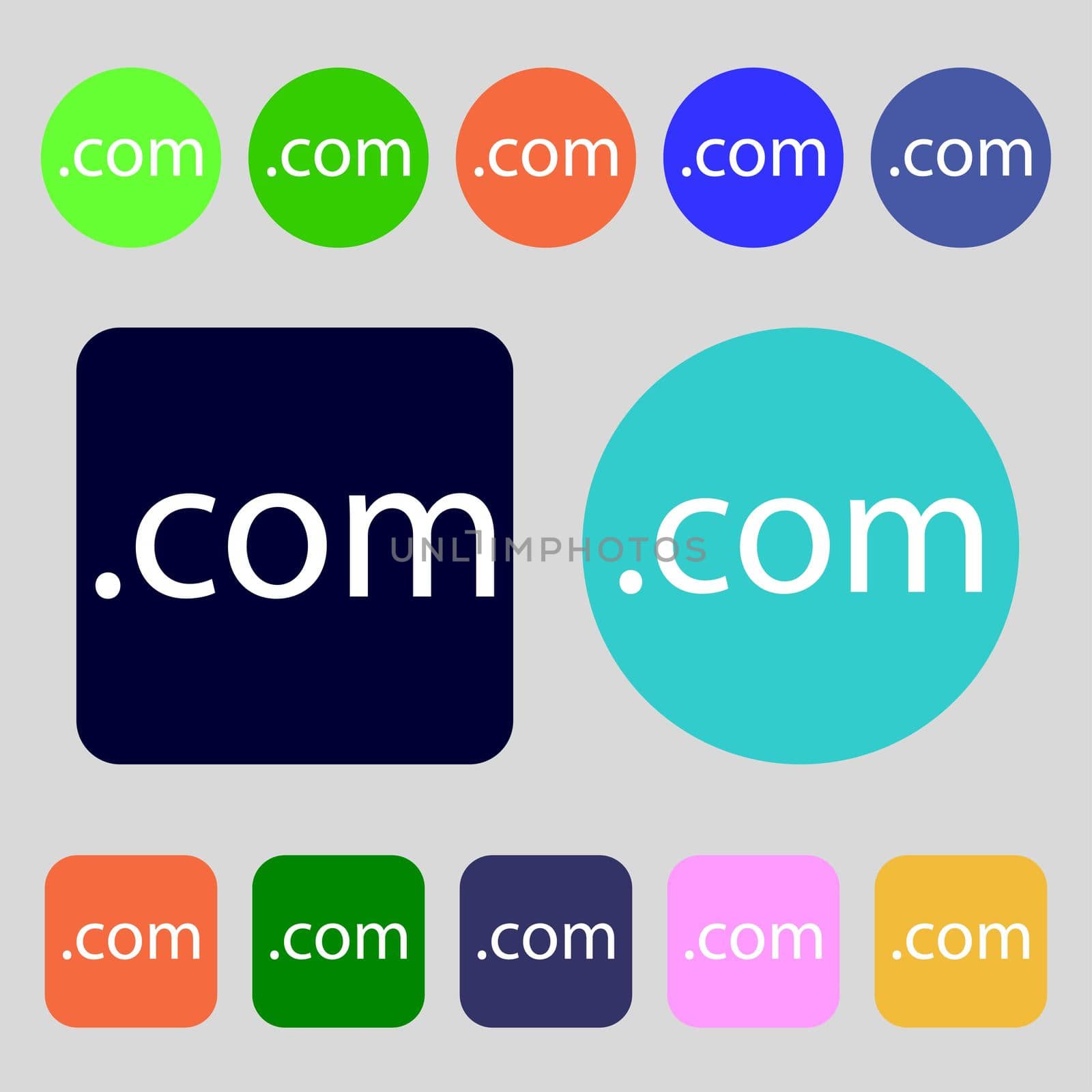 Domain COM sign icon. Top-level internet domain symbol. 12 colored buttons. Flat design.  by serhii_lohvyniuk