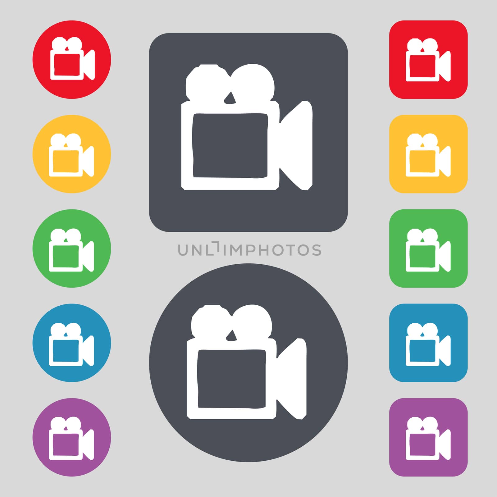 camcorder icon sign. A set of 12 colored buttons. Flat design. illustration