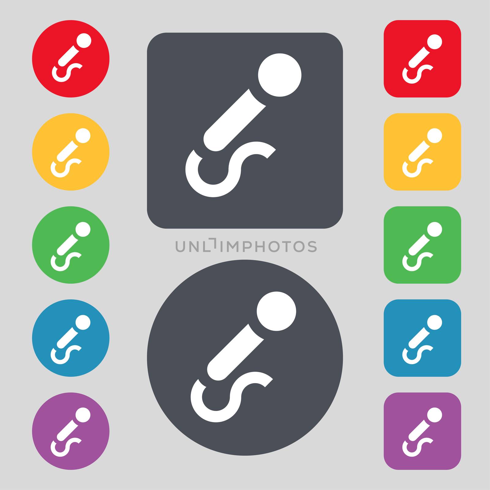 microphone icon sign. A set of 12 colored buttons. Flat design. illustration