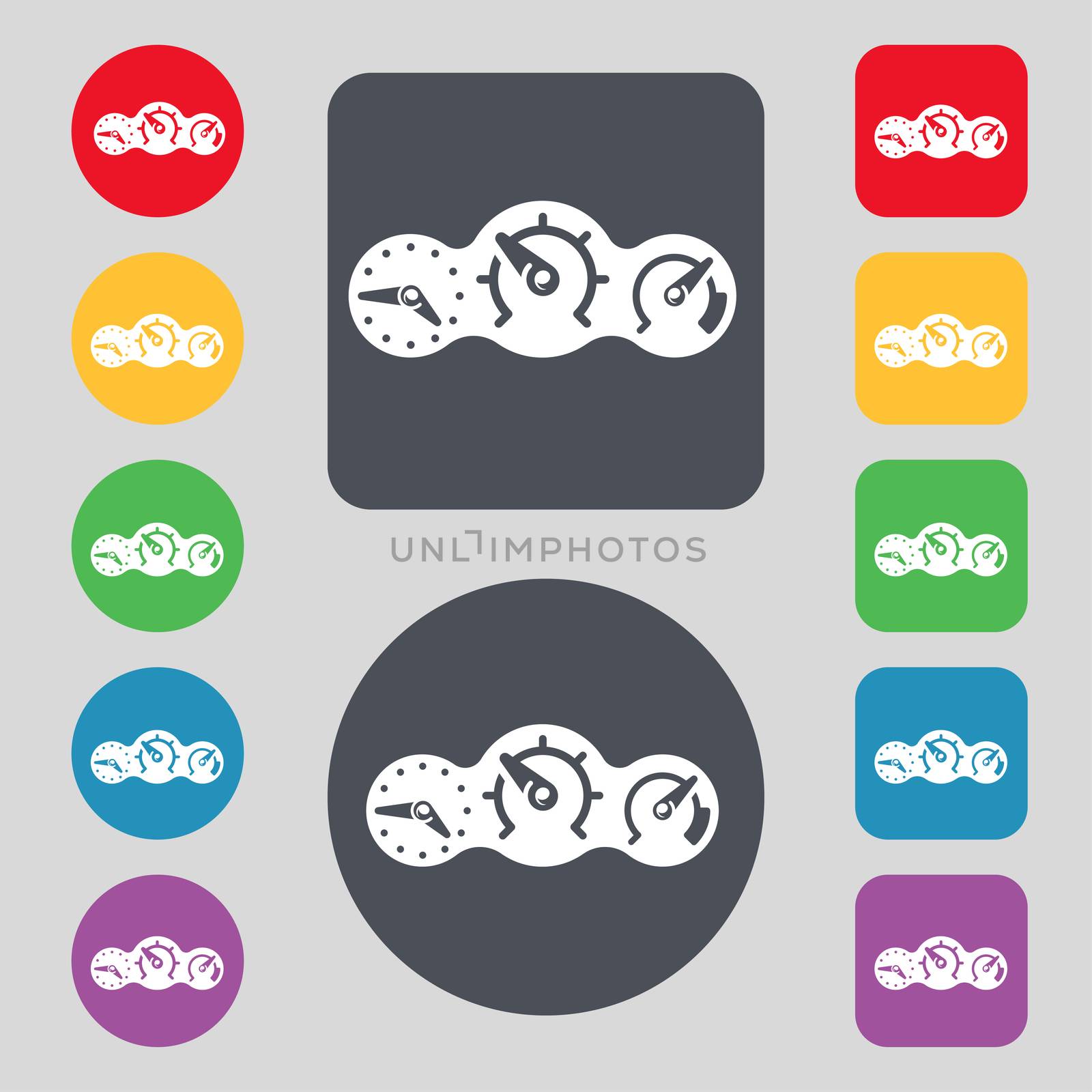 speed, speedometer icon sign. A set of 12 colored buttons. Flat design.  by serhii_lohvyniuk