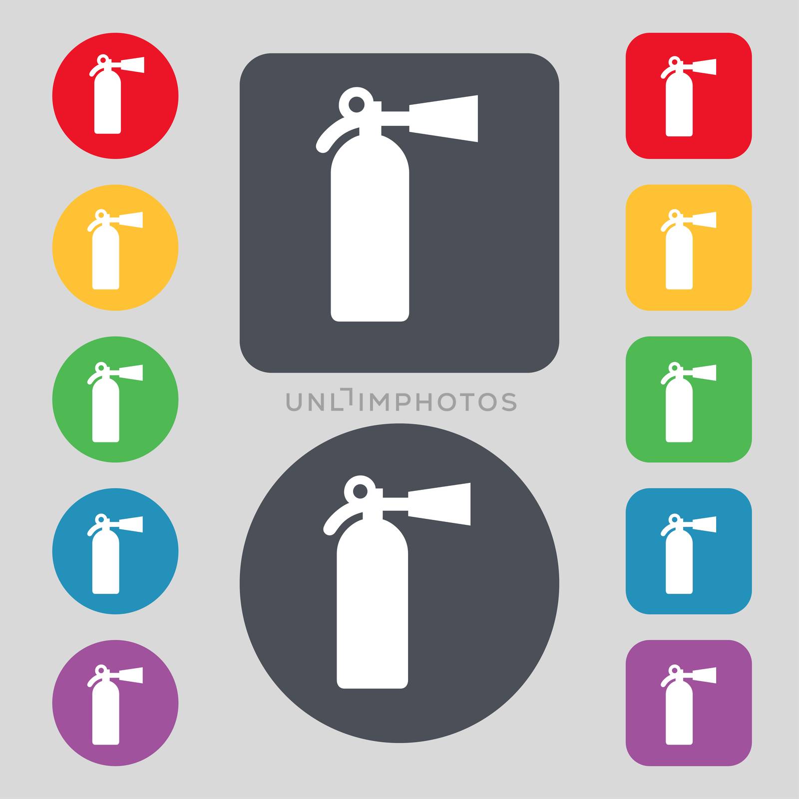 fire extinguisher icon sign. A set of 12 colored buttons. Flat design.  by serhii_lohvyniuk