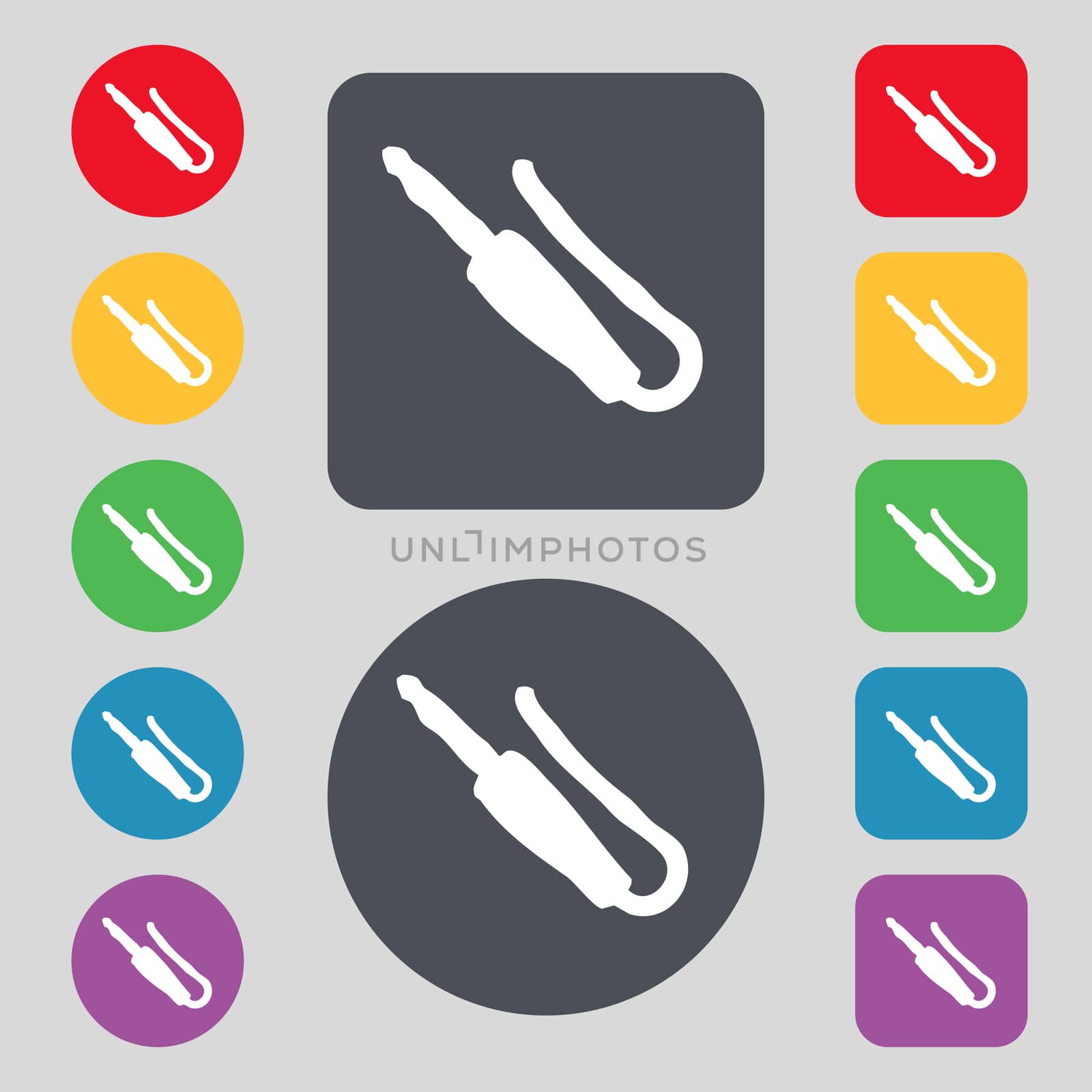 plug, mini jack icon sign. A set of 12 colored buttons. Flat design.  by serhii_lohvyniuk