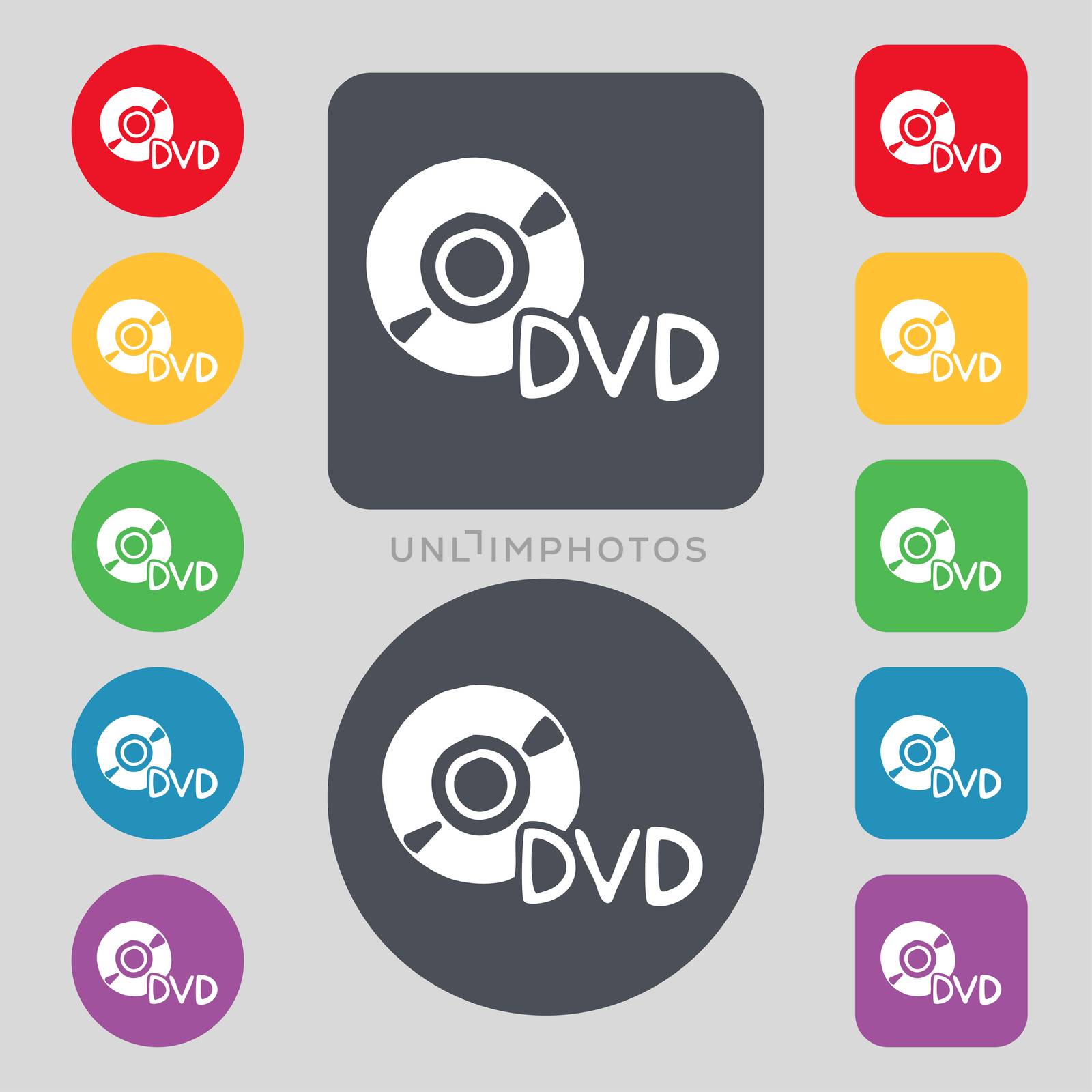 dvd icon sign. A set of 12 colored buttons. Flat design. illustration