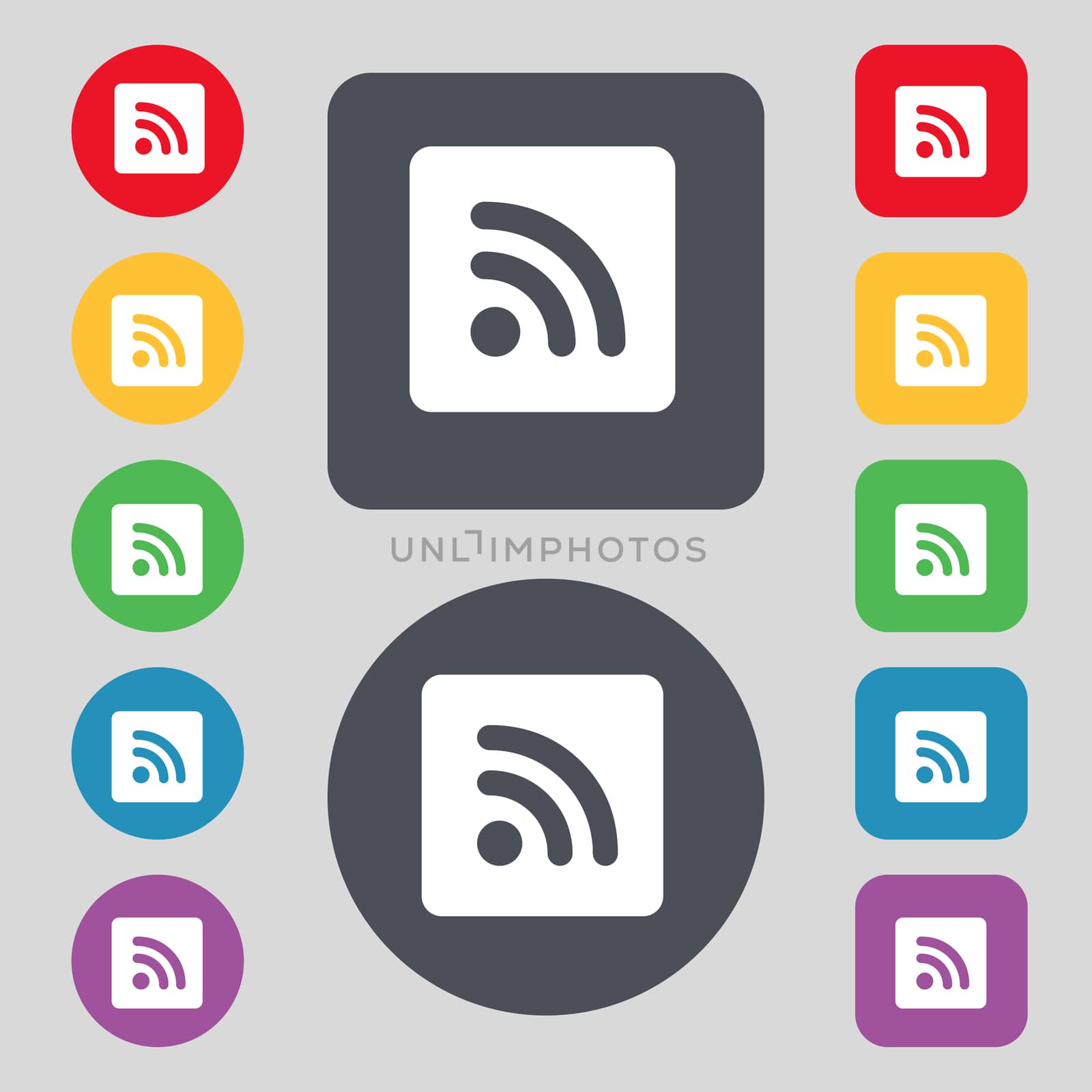 RSS feed icon sign. A set of 12 colored buttons. Flat design. illustration