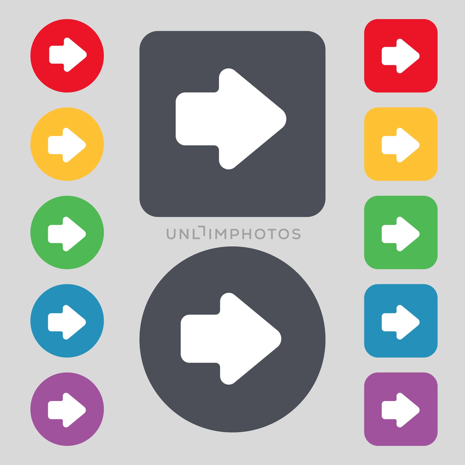 Arrow right, Next icon sign. A set of 12 colored buttons. Flat design. illustration