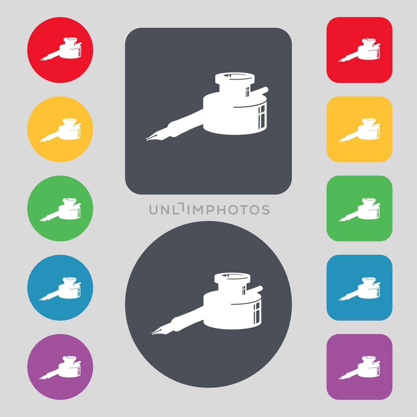 pen and ink icon sign. A set of 12 colored buttons. Flat design. illustration