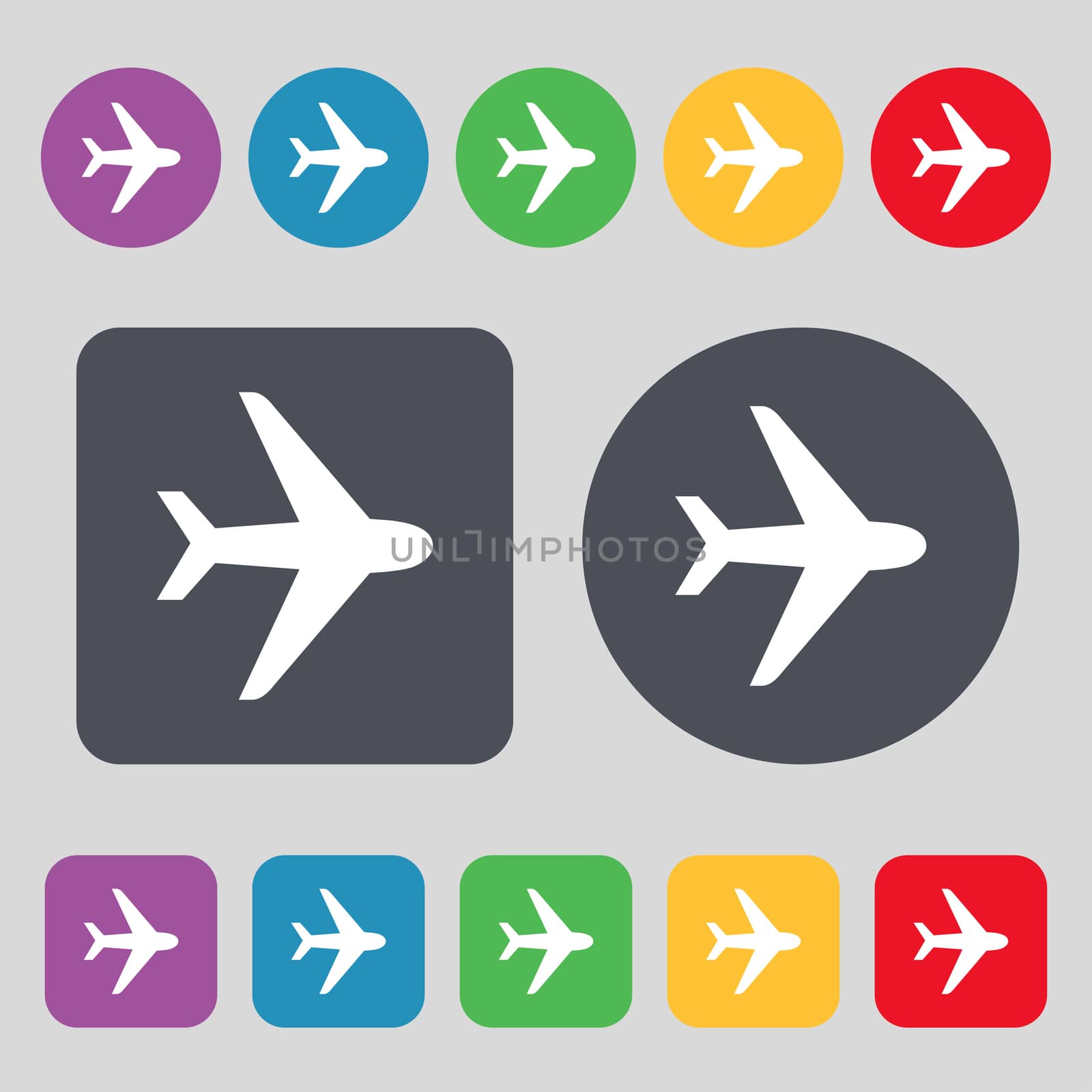 Plane icon sign. A set of 12 colored buttons. Flat design. illustration