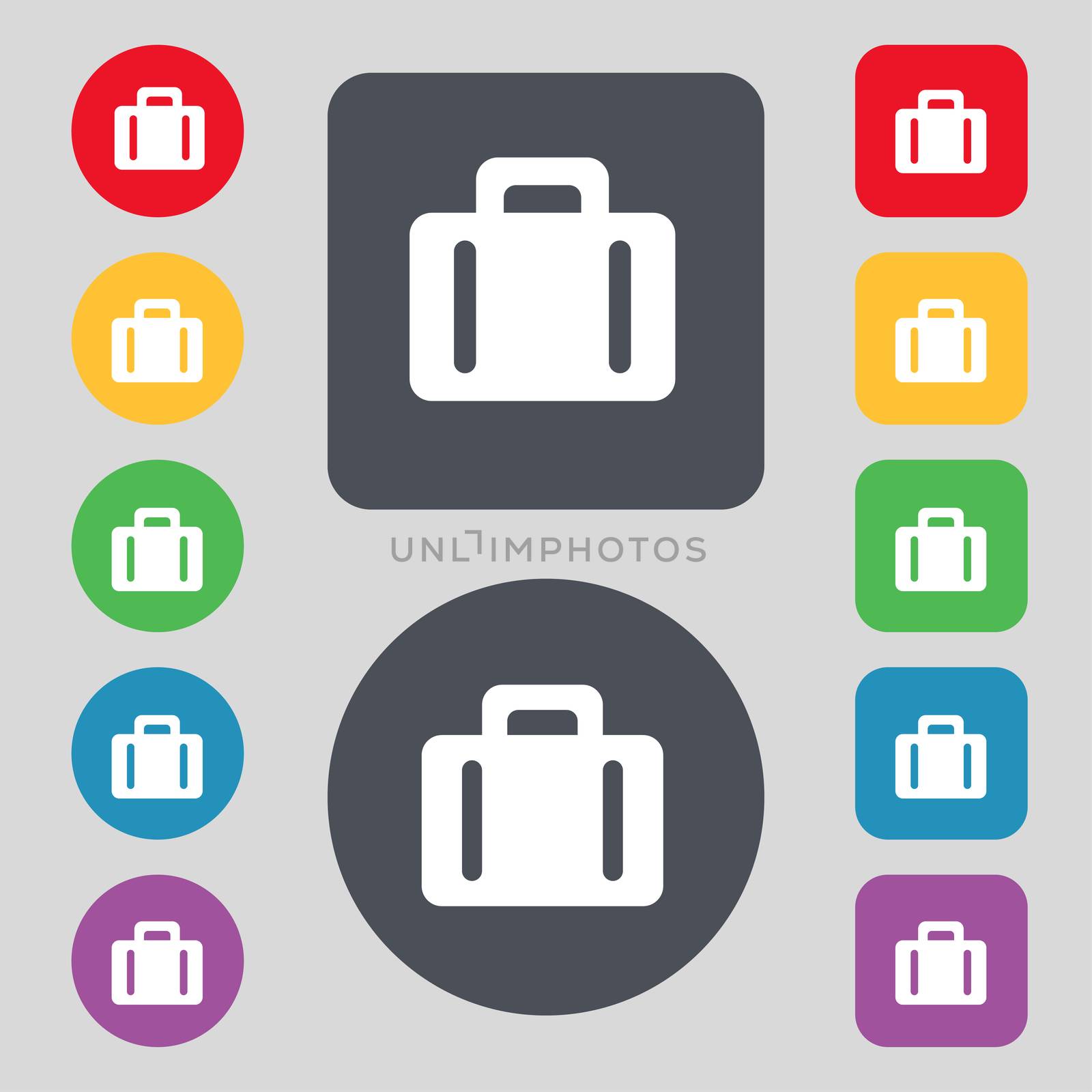 suitcase icon sign. A set of 12 colored buttons. Flat design.  by serhii_lohvyniuk