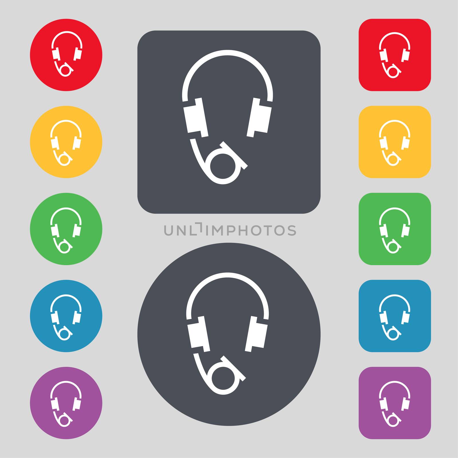 headsets icon sign. A set of 12 colored buttons. Flat design. illustration