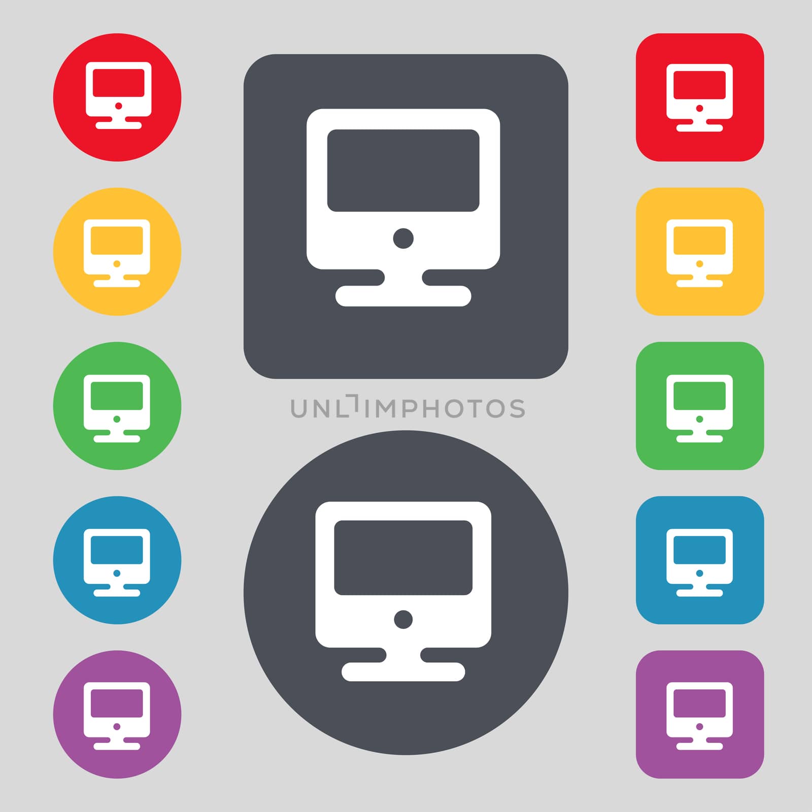 monitor icon sign. A set of 12 colored buttons. Flat design.  by serhii_lohvyniuk