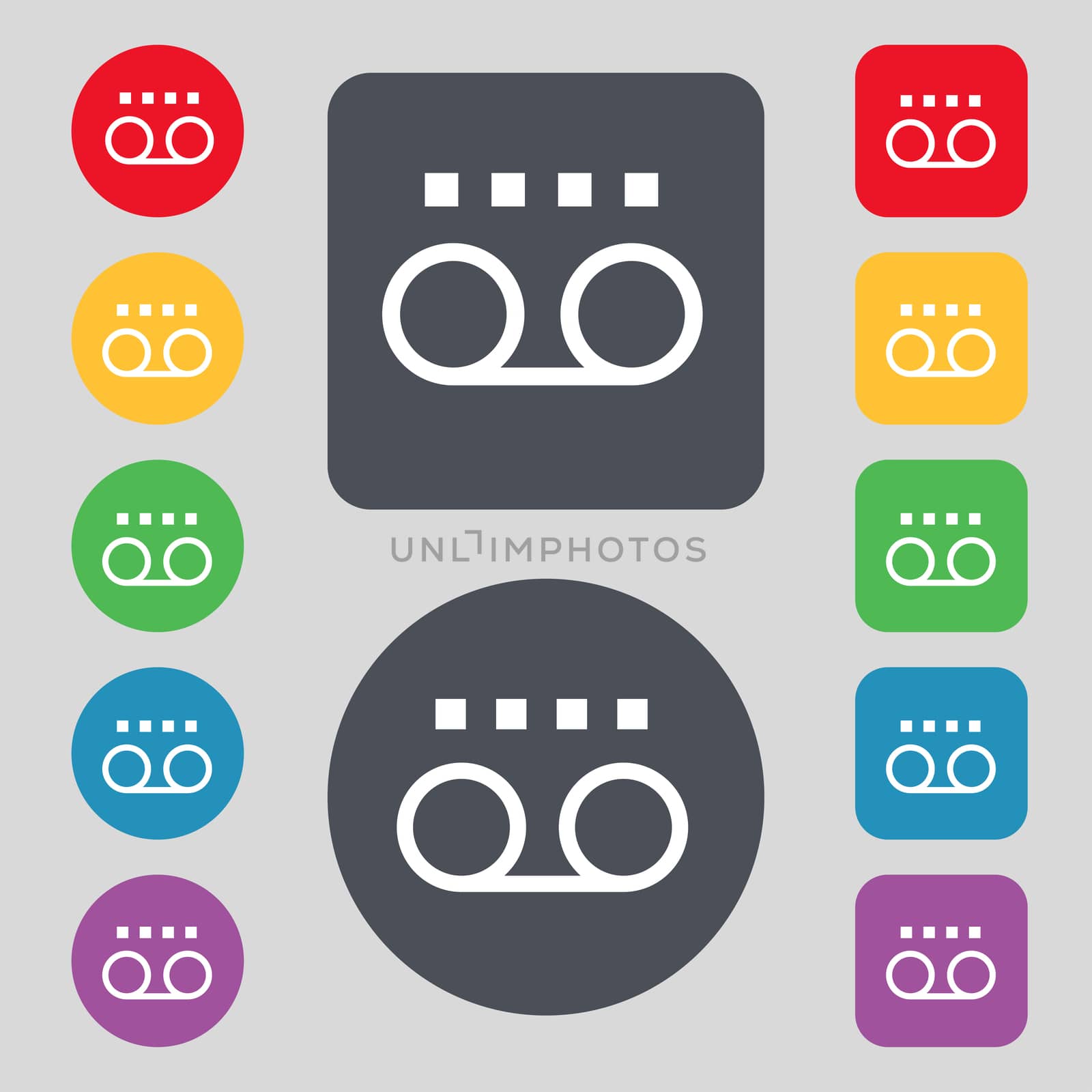 audio cassette icon sign. A set of 12 colored buttons. Flat design. illustration