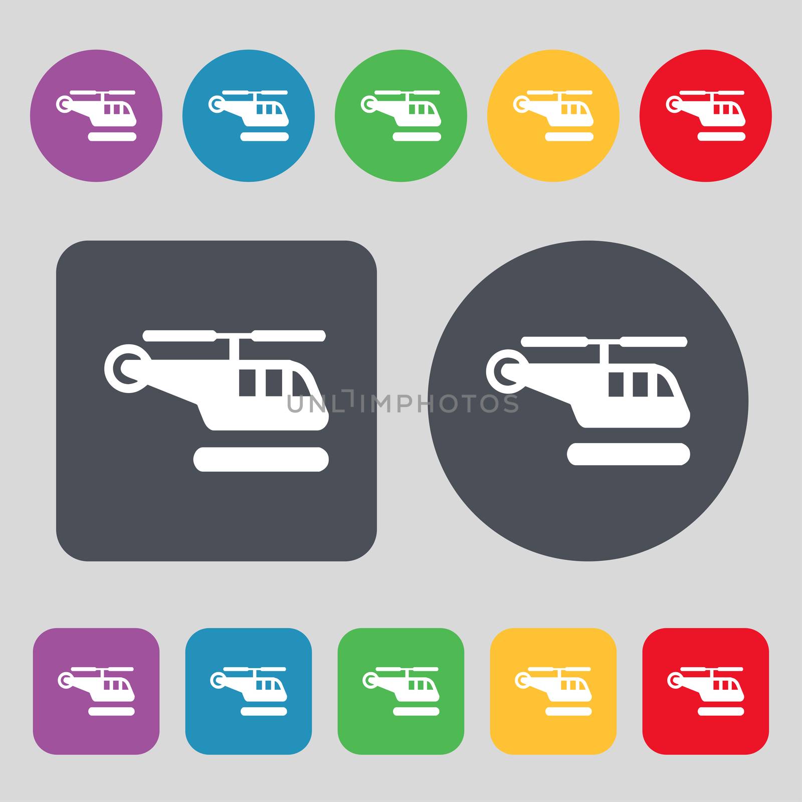 helicopter icon sign. A set of 12 colored buttons. Flat design.  by serhii_lohvyniuk