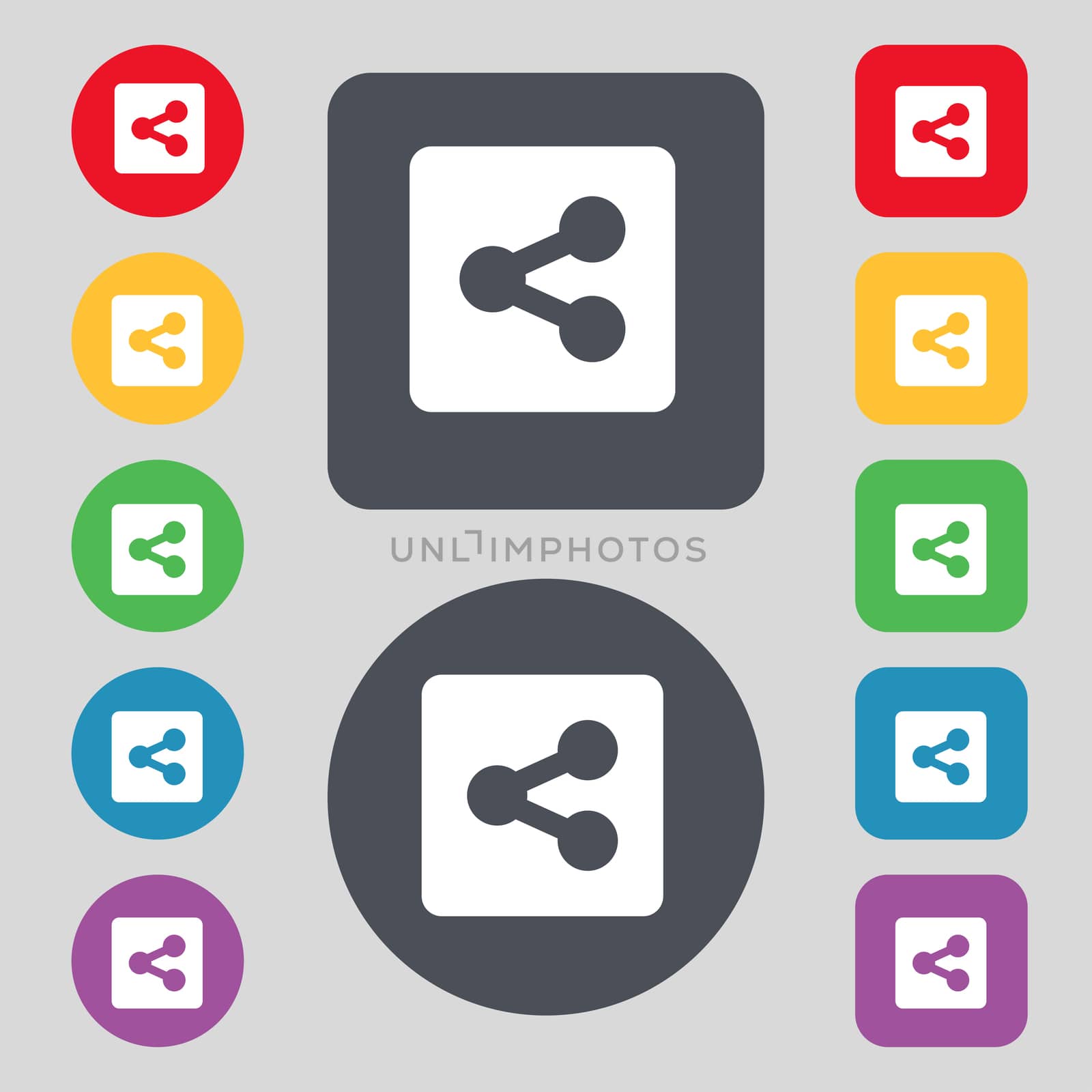 Share icon sign. A set of 12 colored buttons. Flat design.  by serhii_lohvyniuk