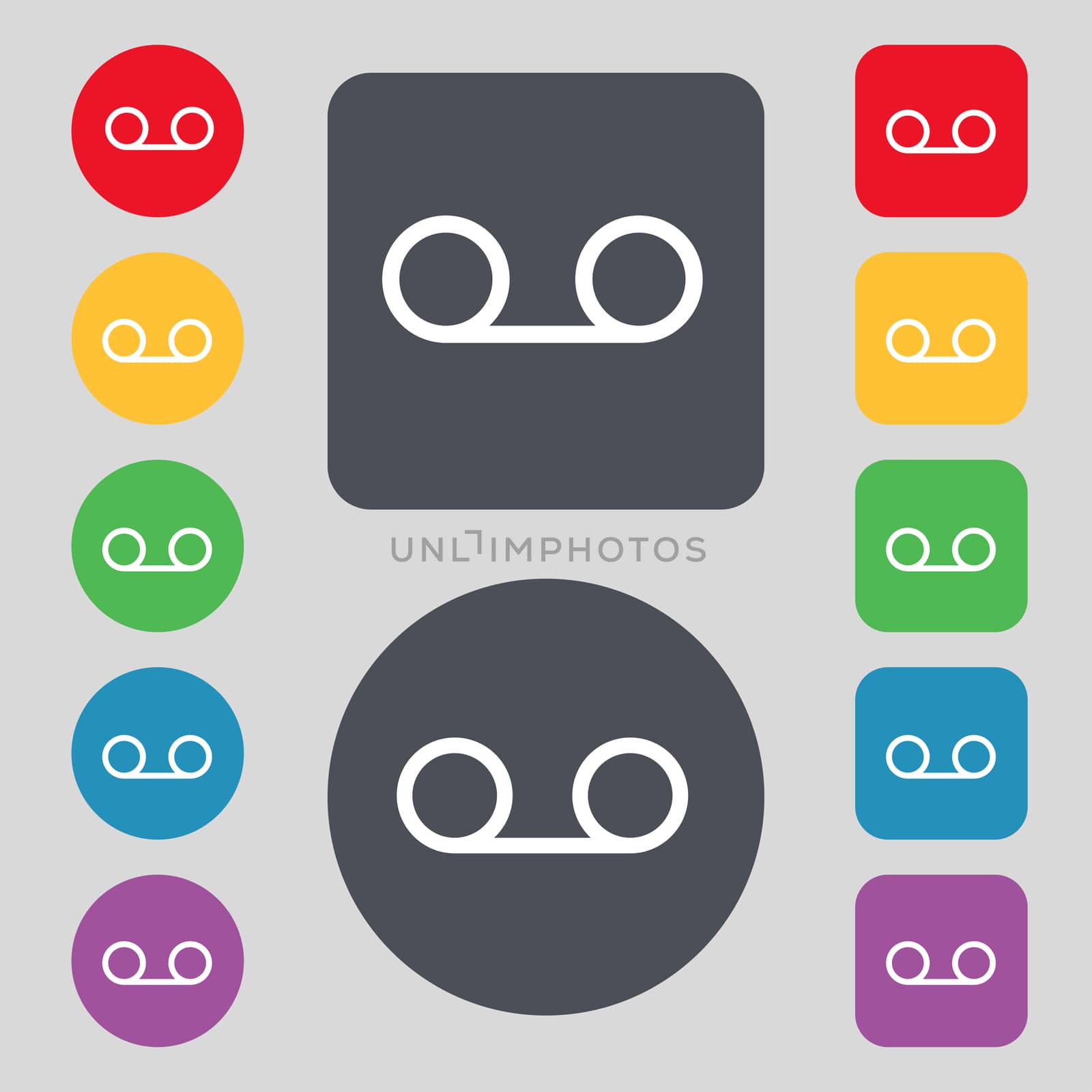 audio cassette icon sign. A set of 12 colored buttons. Flat design. illustration