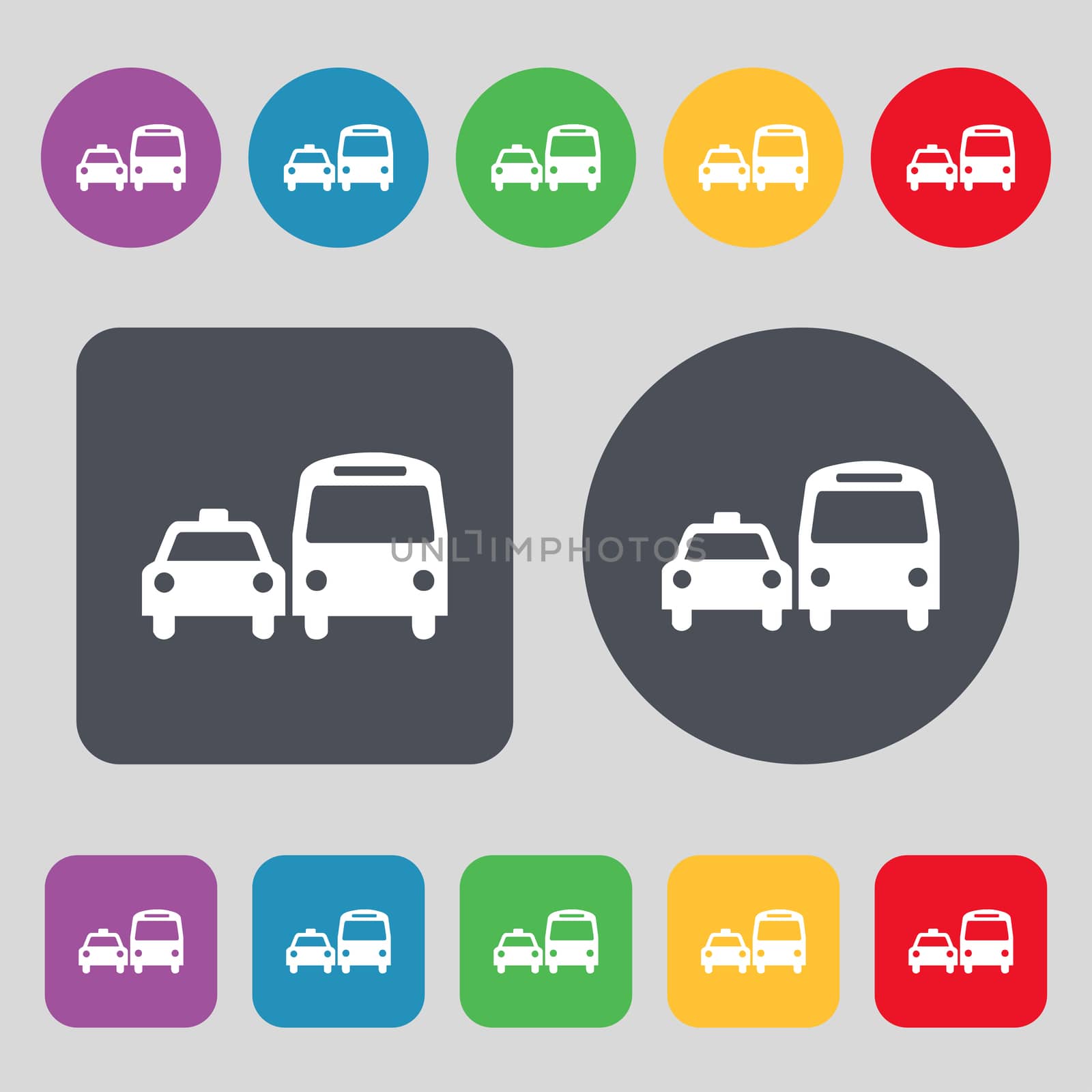 taxi icon sign. A set of 12 colored buttons. Flat design. illustration