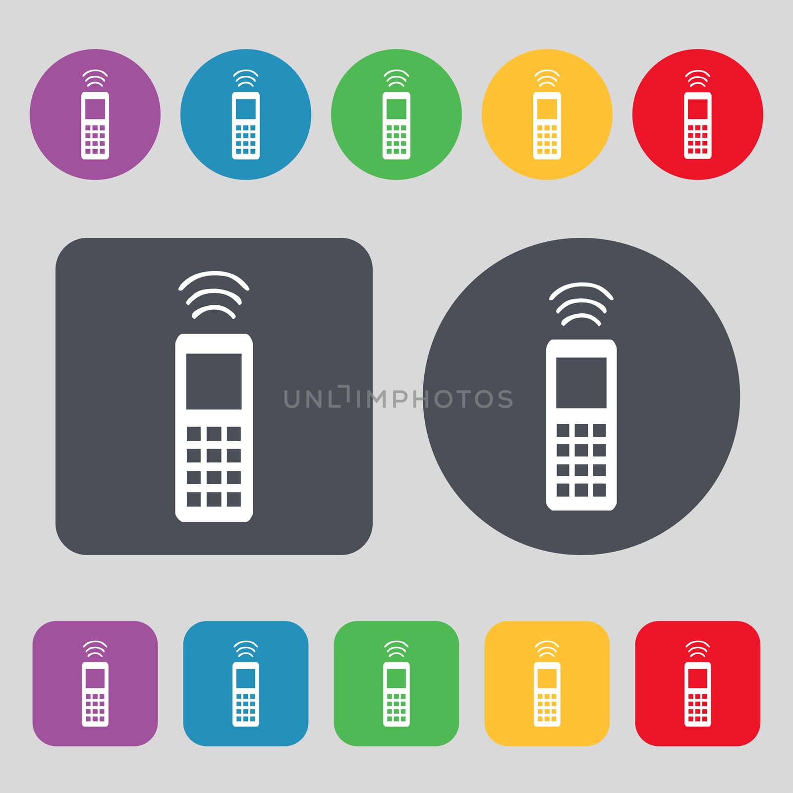 the remote control icon sign. A set of 12 colored buttons. Flat design. illustration