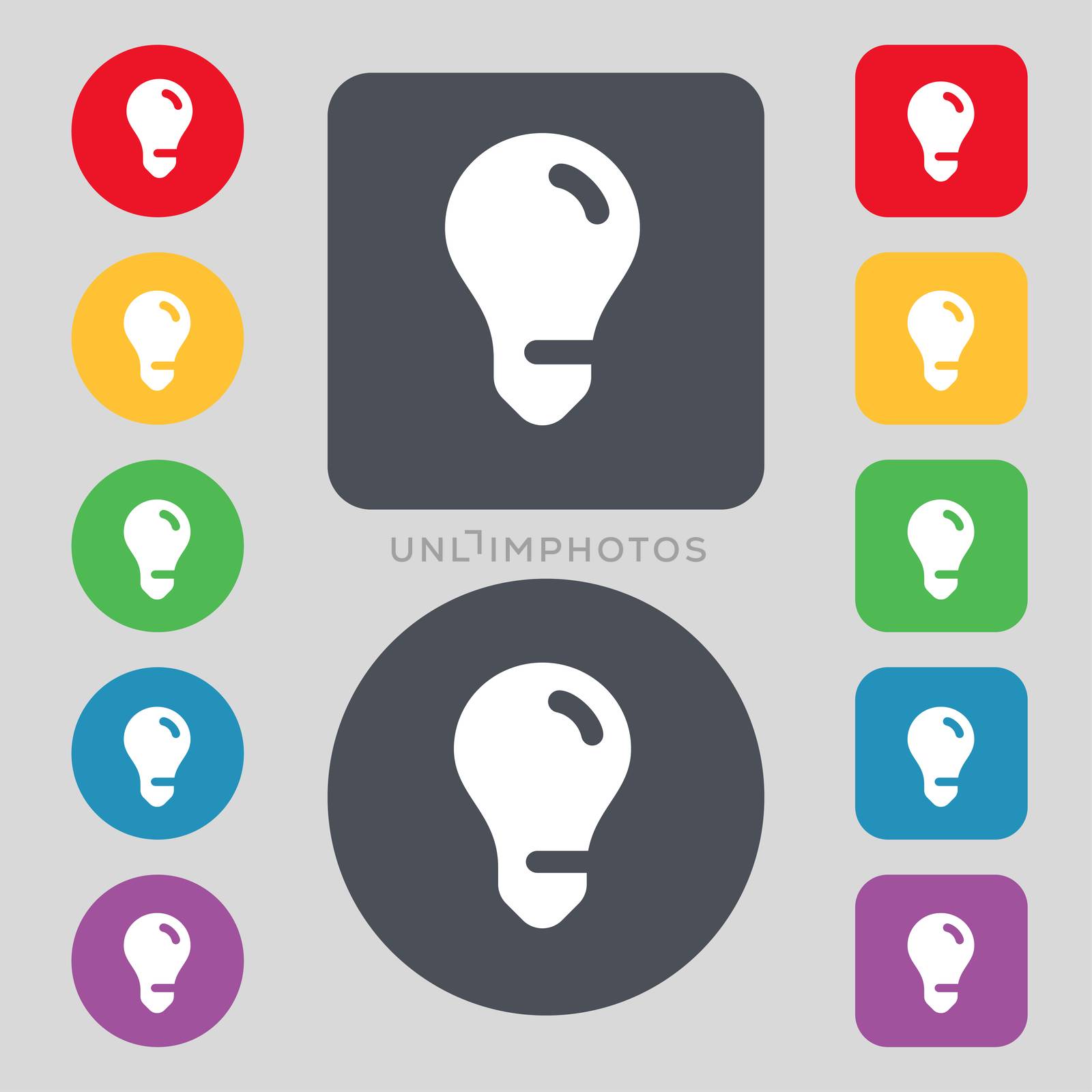 light bulb, idea icon sign. A set of 12 colored buttons. Flat design. illustration