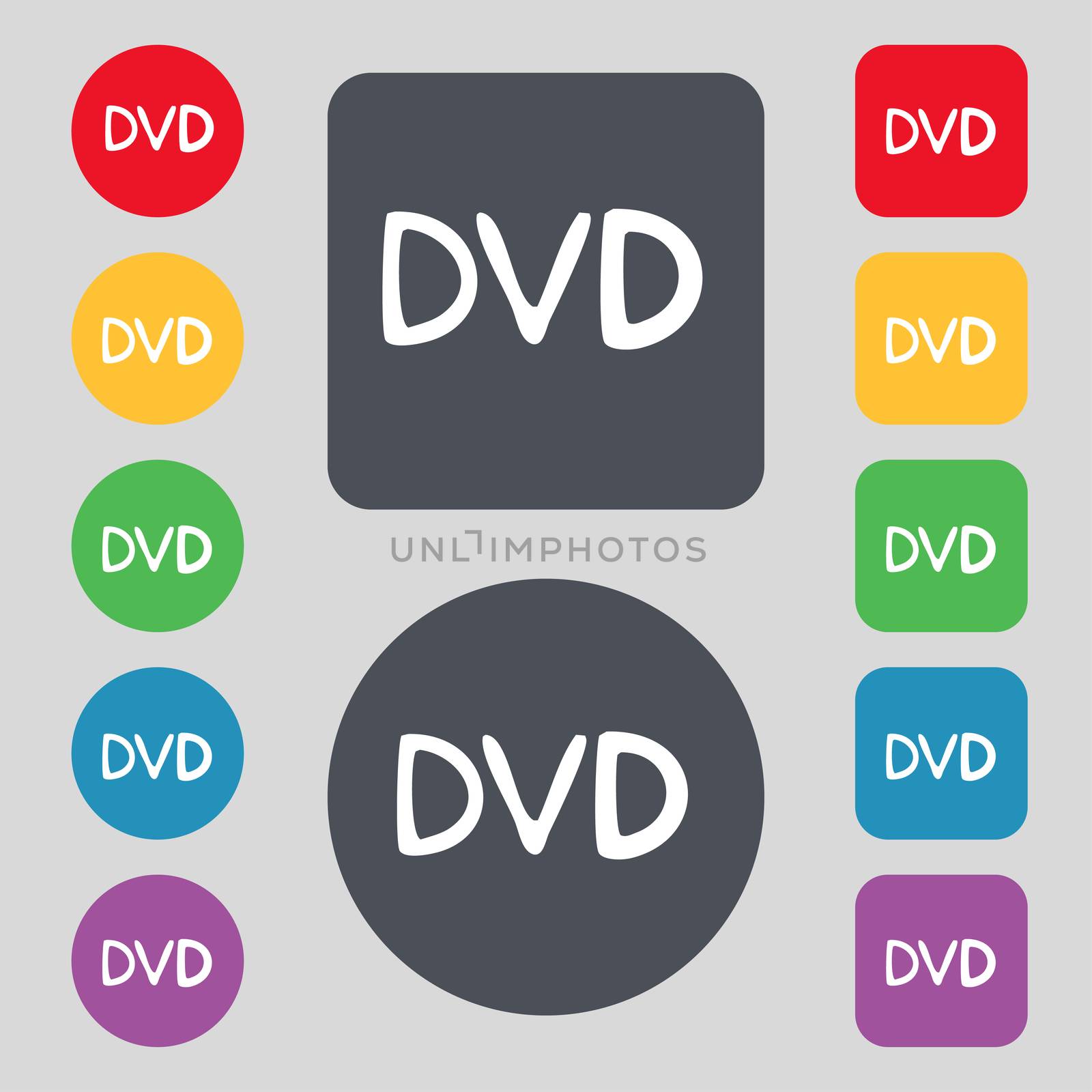 dvd icon sign. A set of 12 colored buttons. Flat design. illustration