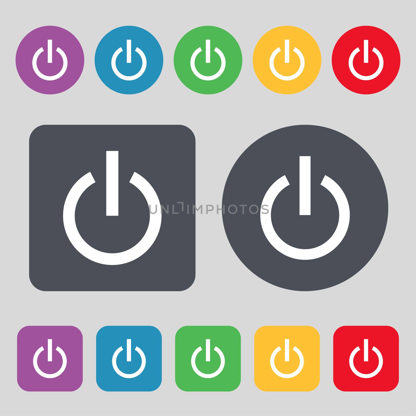 Power icon sign. A set of 12 colored buttons. Flat design.  by serhii_lohvyniuk