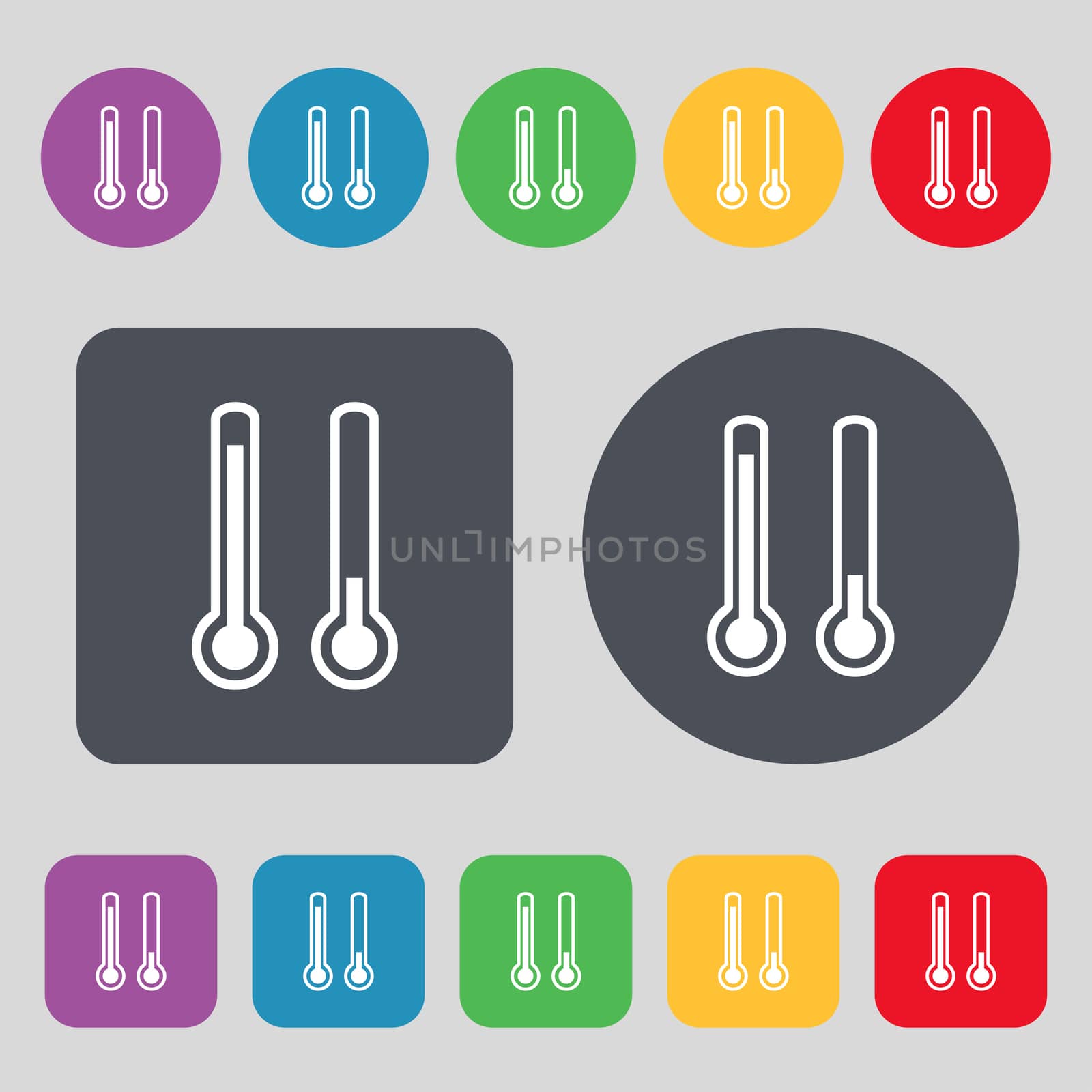 thermometer temperature icon sign. A set of 12 colored buttons. Flat design. illustration