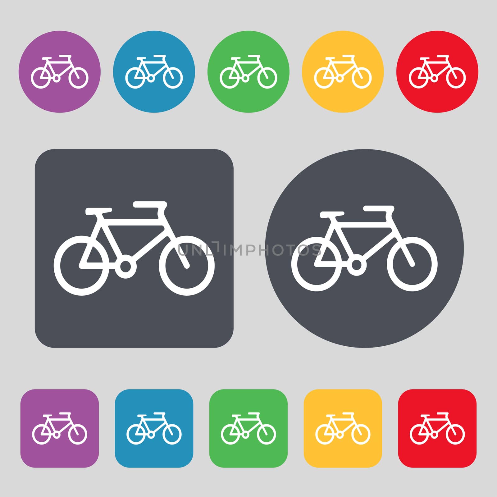 bike icon sign. A set of 12 colored buttons. Flat design.  by serhii_lohvyniuk
